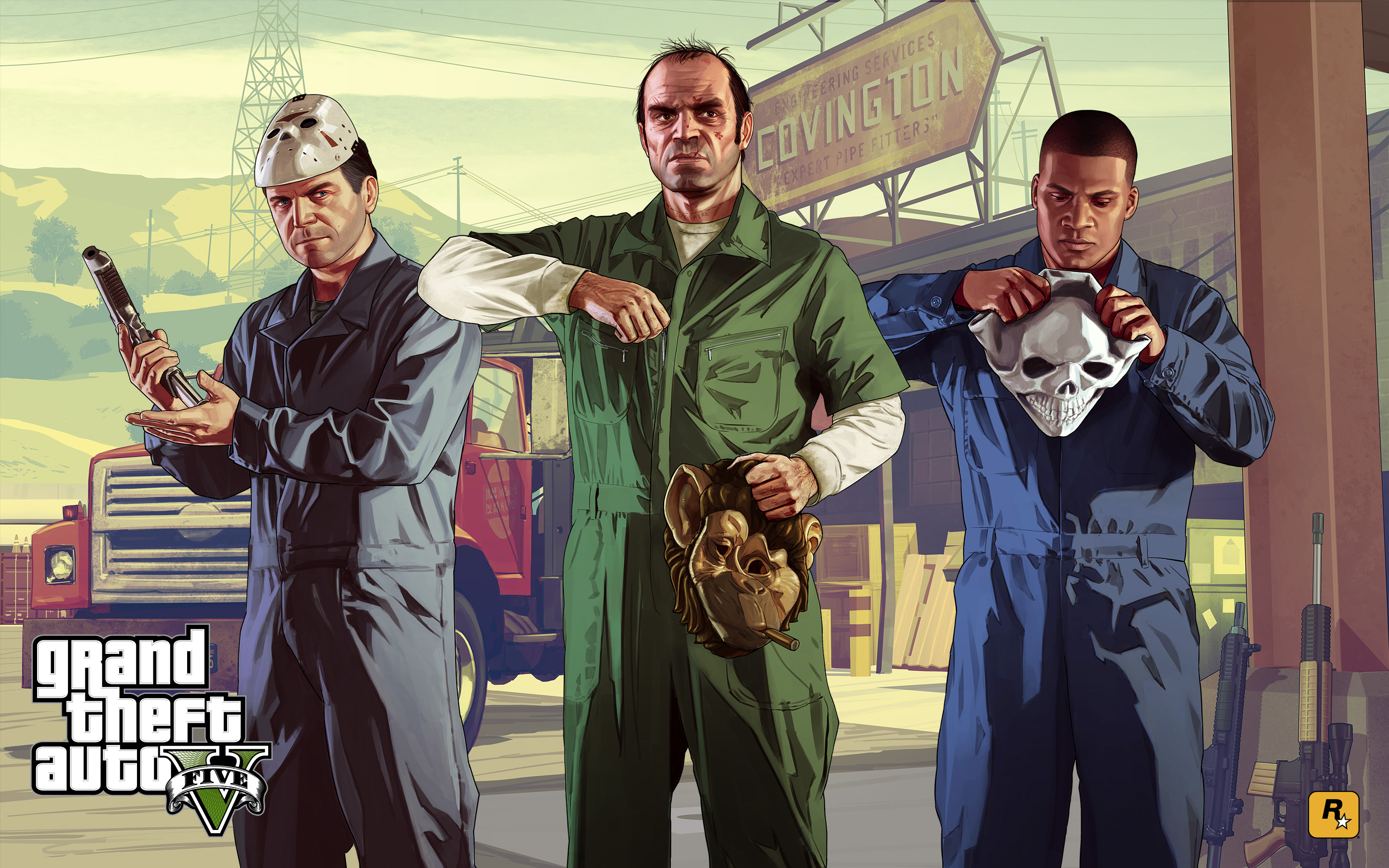 General 2880x1800 Rockstar Games video games video game art Grand Theft Auto Grand Theft Auto V Trevor Philips Michael De Santa Franklin Clinton