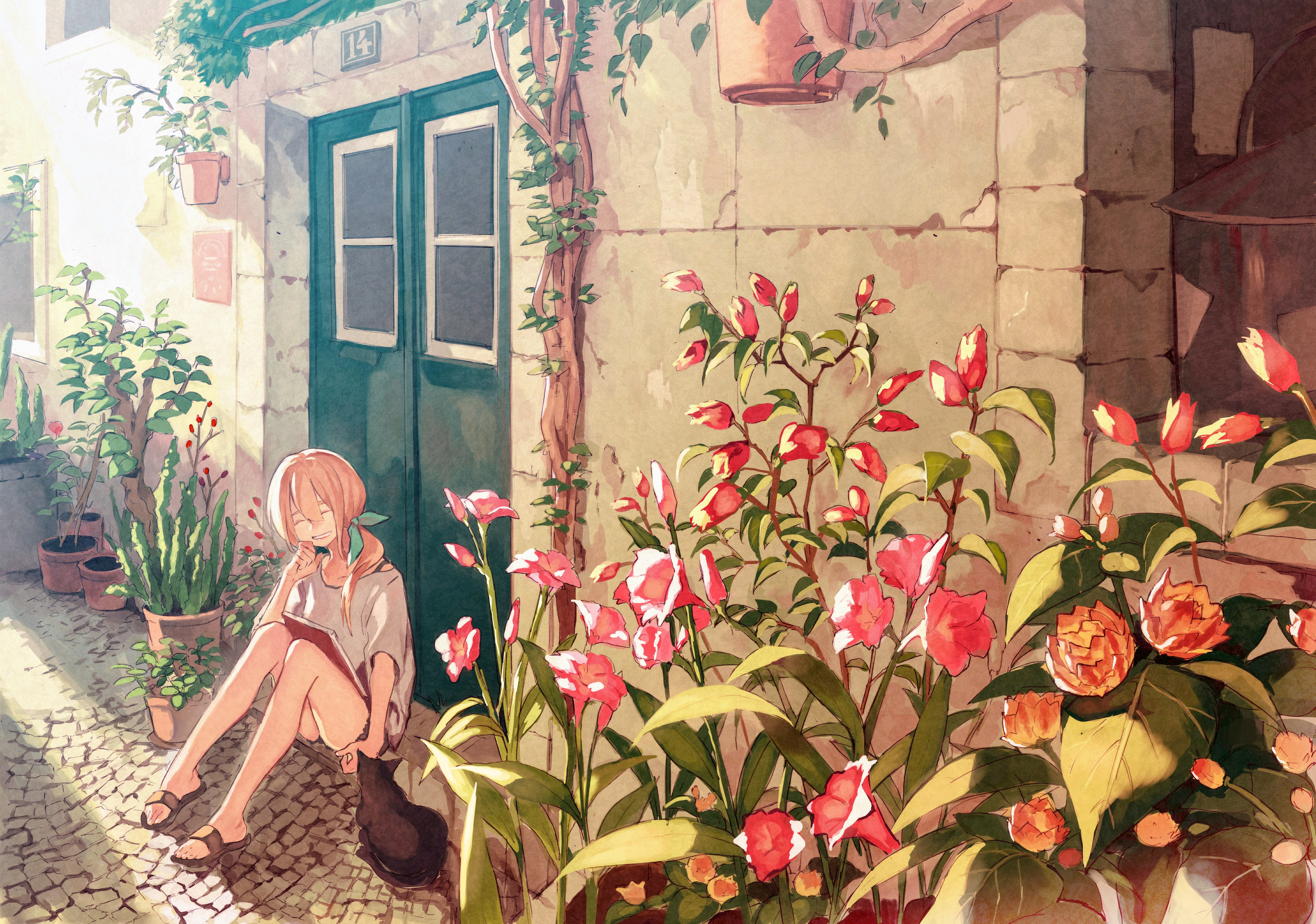 Anime 5964x4188 flowers smiling anime girls legs cats plants anime outdoors house