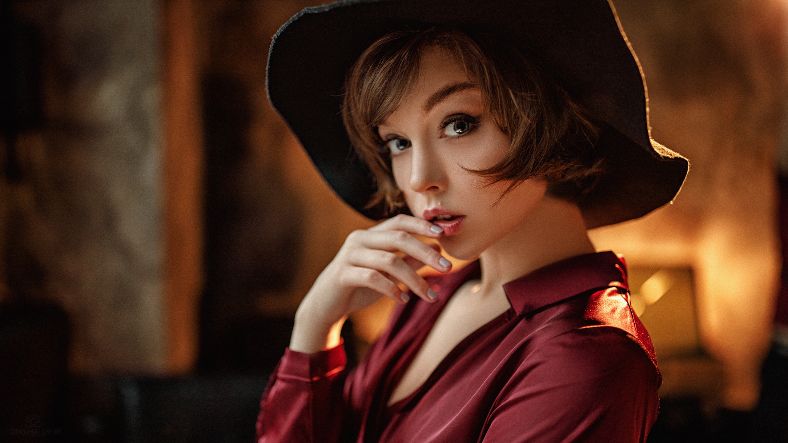 People 2560x1440 Olya Pushkina women model brunette short hair looking at viewer portrait indoors finger on lips sensual gaze bokeh white nails painted nails women with hats hat dress red clothing women indoors