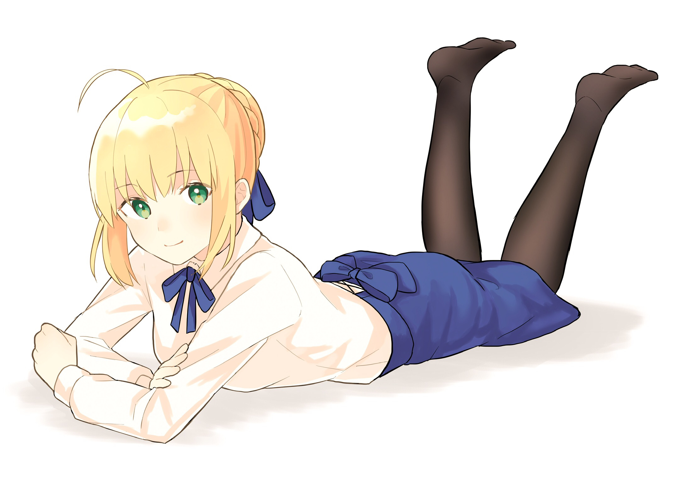 Anime 2140x1535 Fate series Fate/Stay Night anime girls blonde Saber pantyhose lying on front feet in the air green eyes Artoria Pendragon