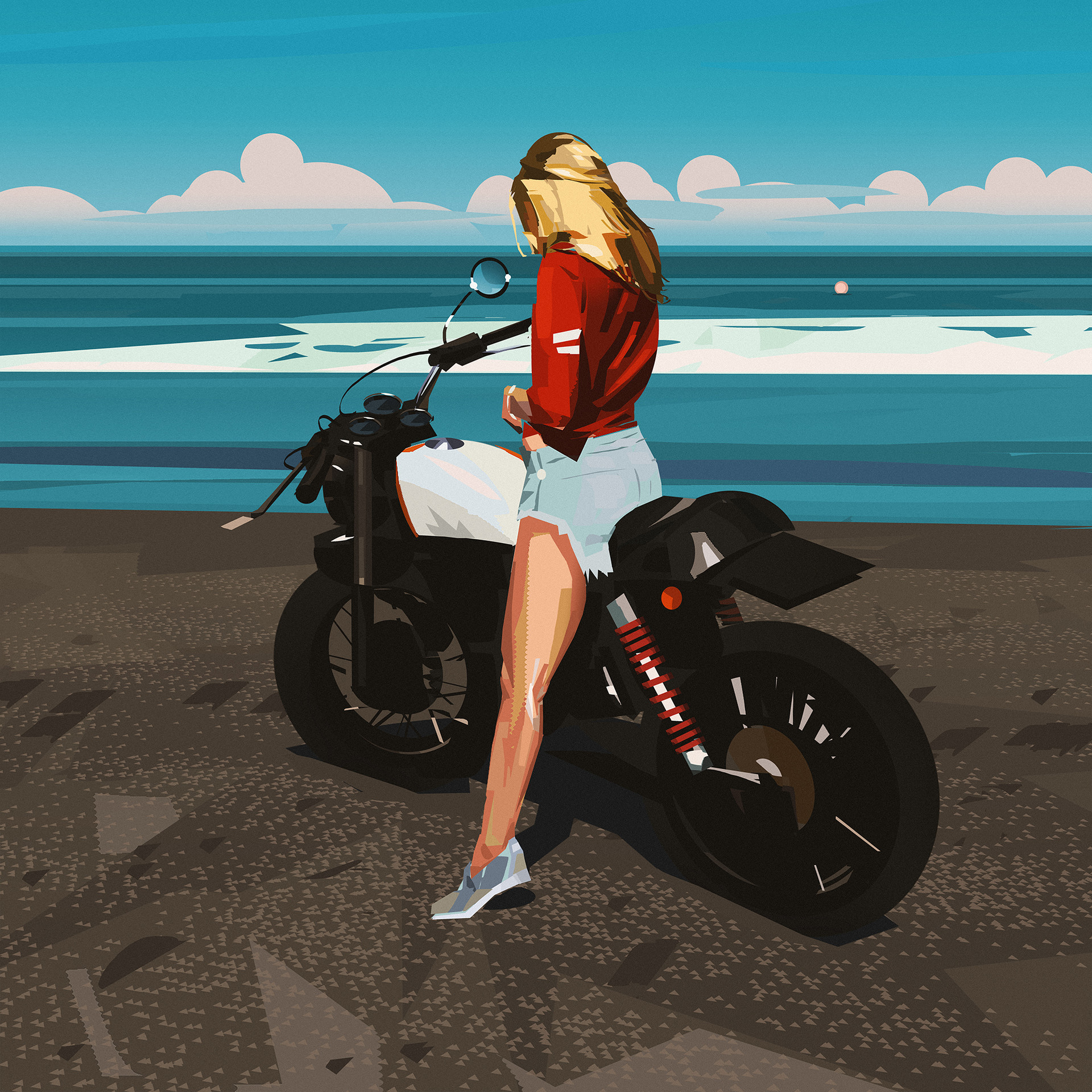 General 1920x1920 women painting drawing blonde motorcycle jean shorts blouse long hair sea water sneakers Yun Ling