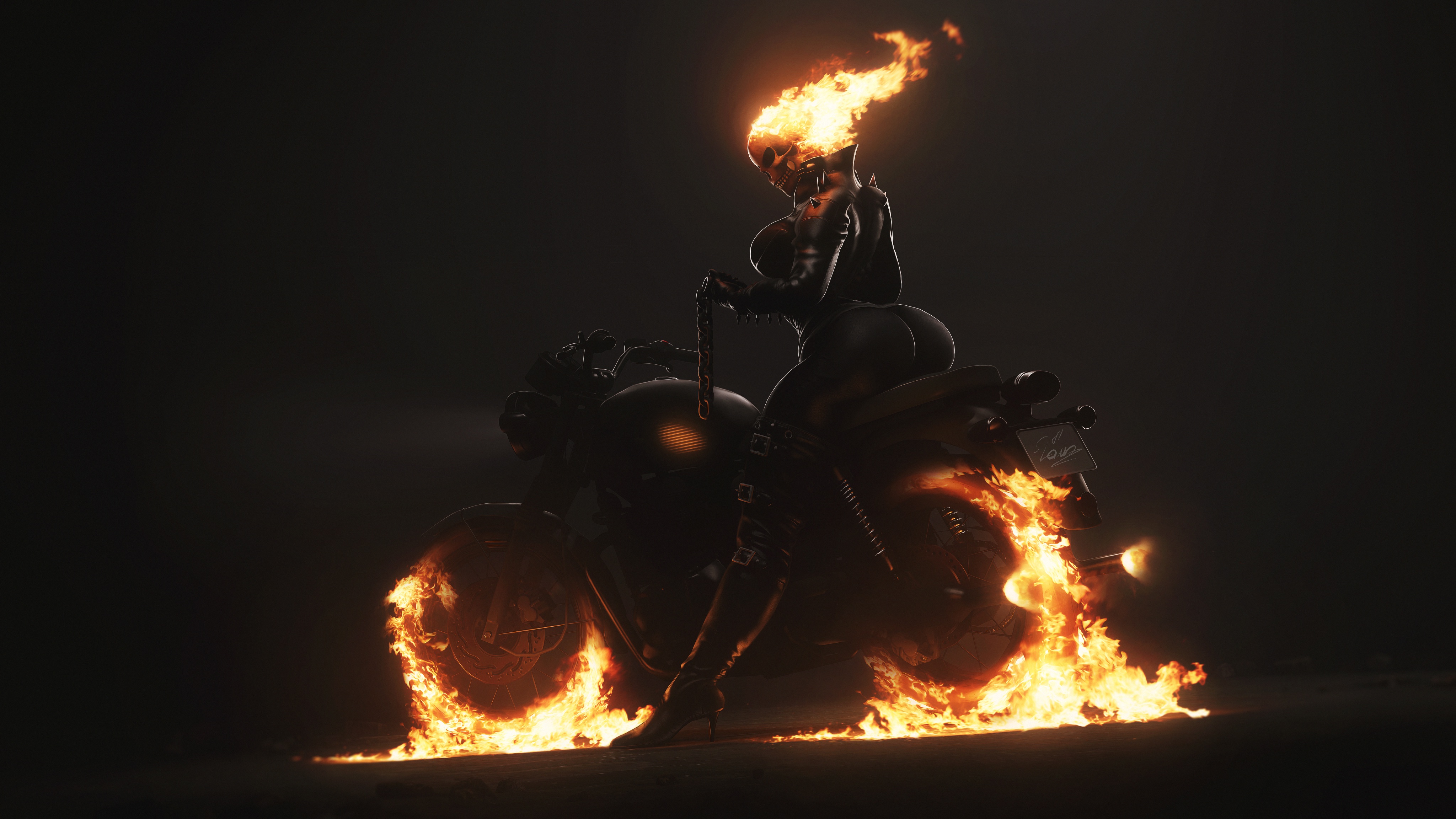General 4096x2304 Ghost Rider skull dark fire burning ass women motorcycle chains jacket