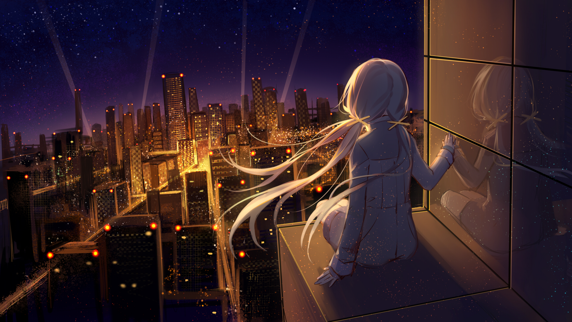 Anime 1920x1080 city city lights sitting reflection night stars anime night sky cityscape