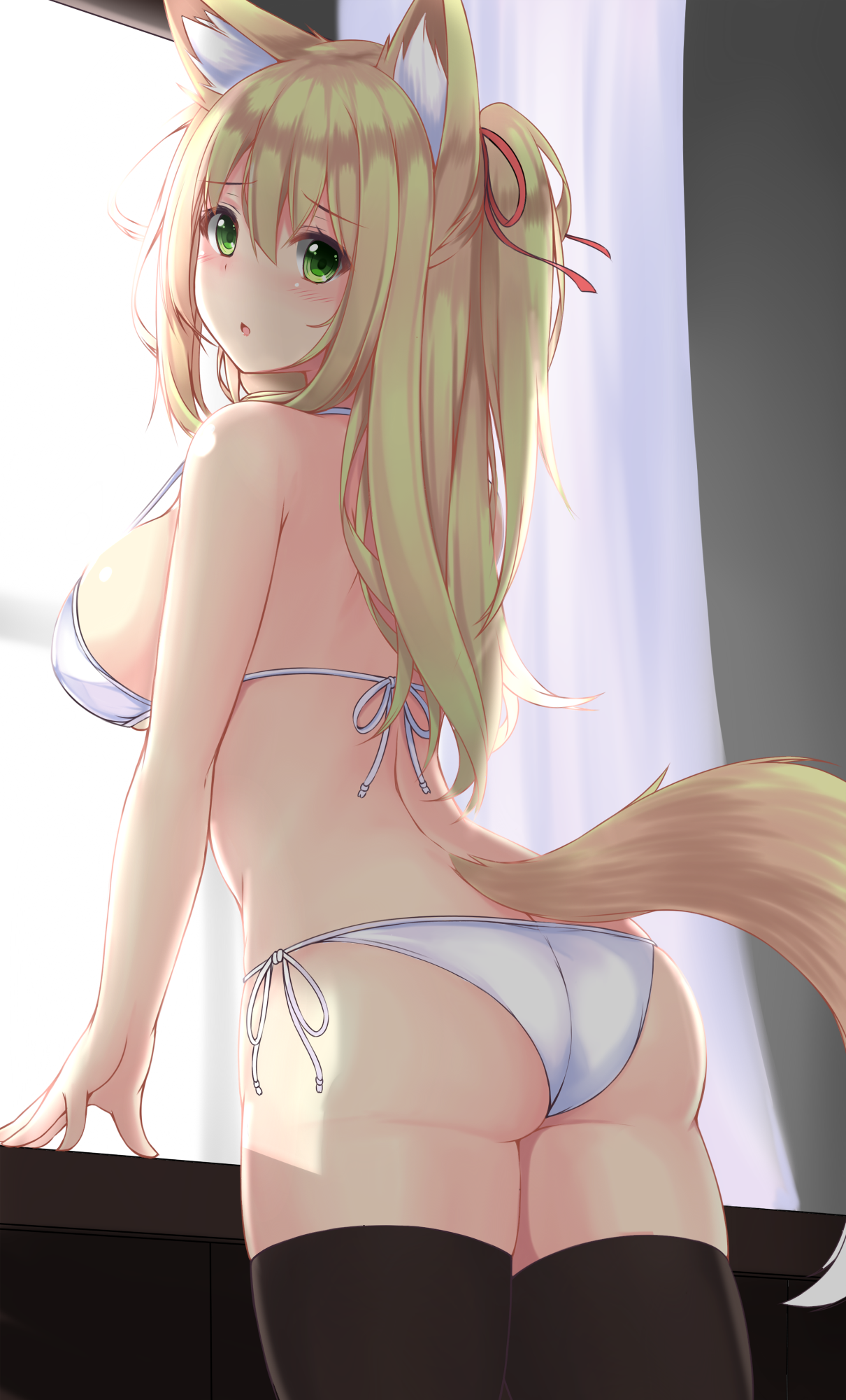 Anime 1210x2000 anime girls simple background fox girl tail animal ears blonde green eyes thigh-highs bikini artwork Sogaya