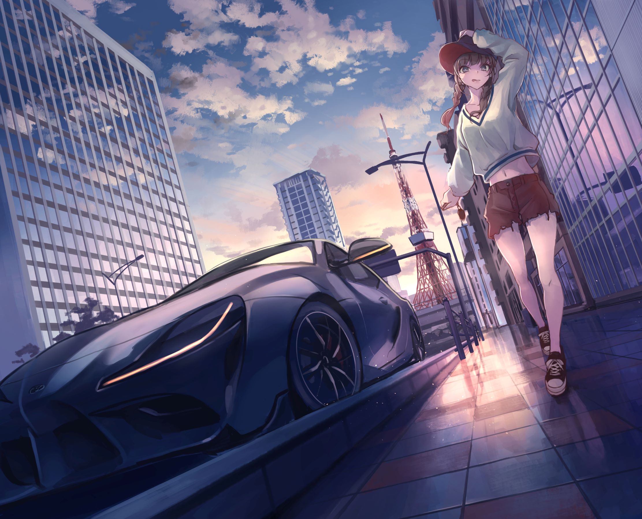 Anime 2223x1798 anime anime girls original characters street car Toyota Supra Tokyo Tower Tokyo koh