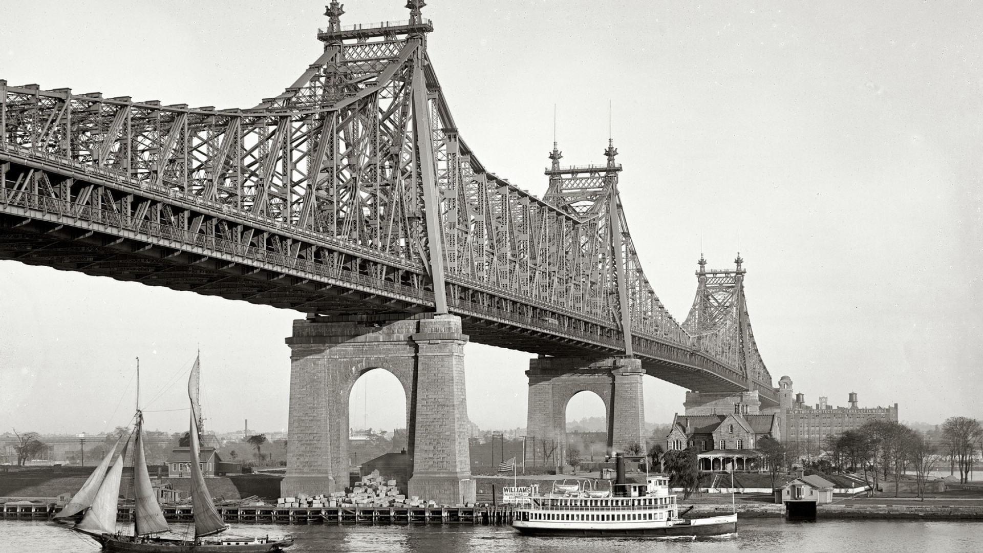 General 1920x1080 ship photography water monochrome bridge sailing ship old photos New York City Queensboro Bridge USA