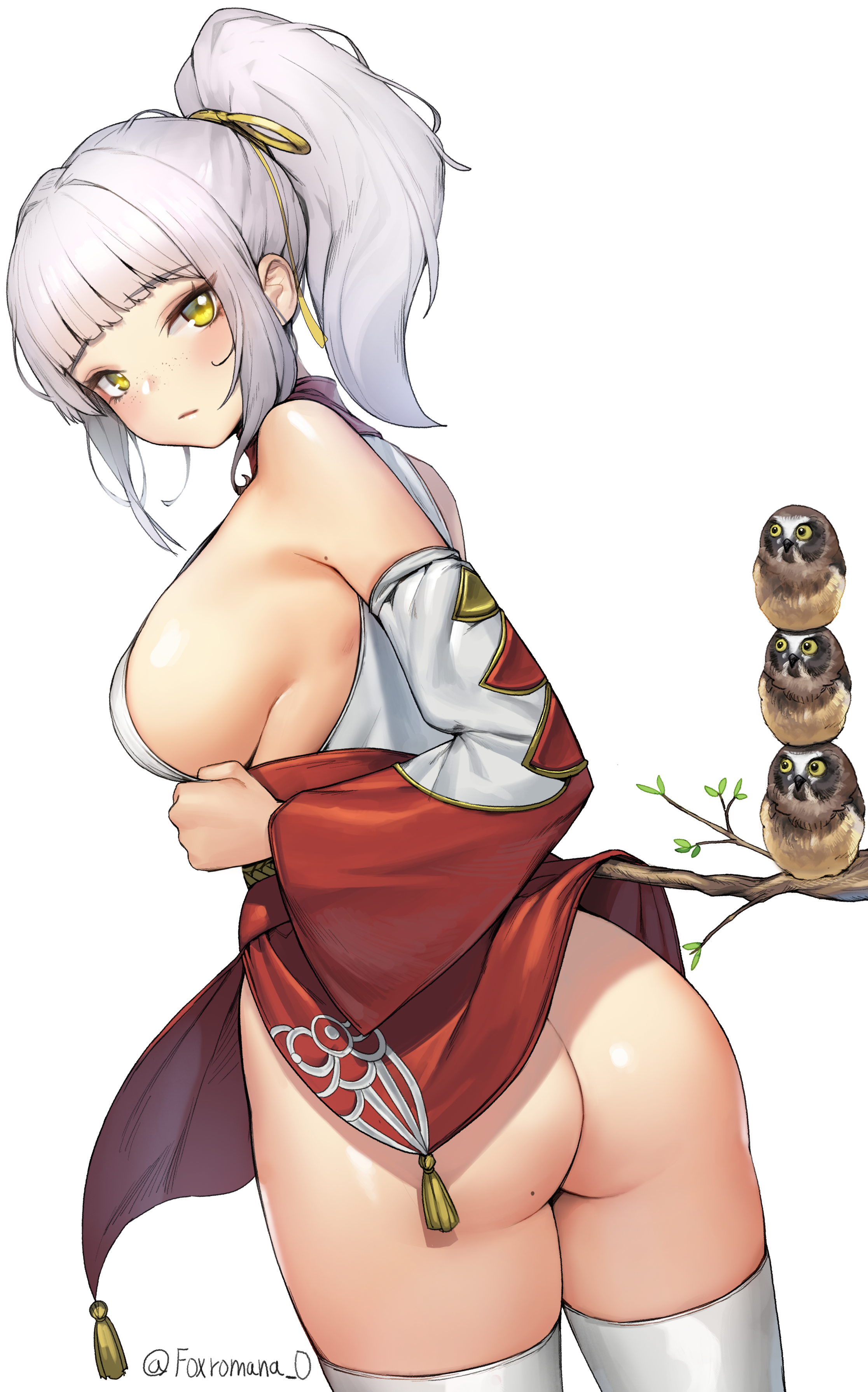 Anime 2233x3581 simple background anime girls white hair owl ponytail sideboob ass nopan no bra