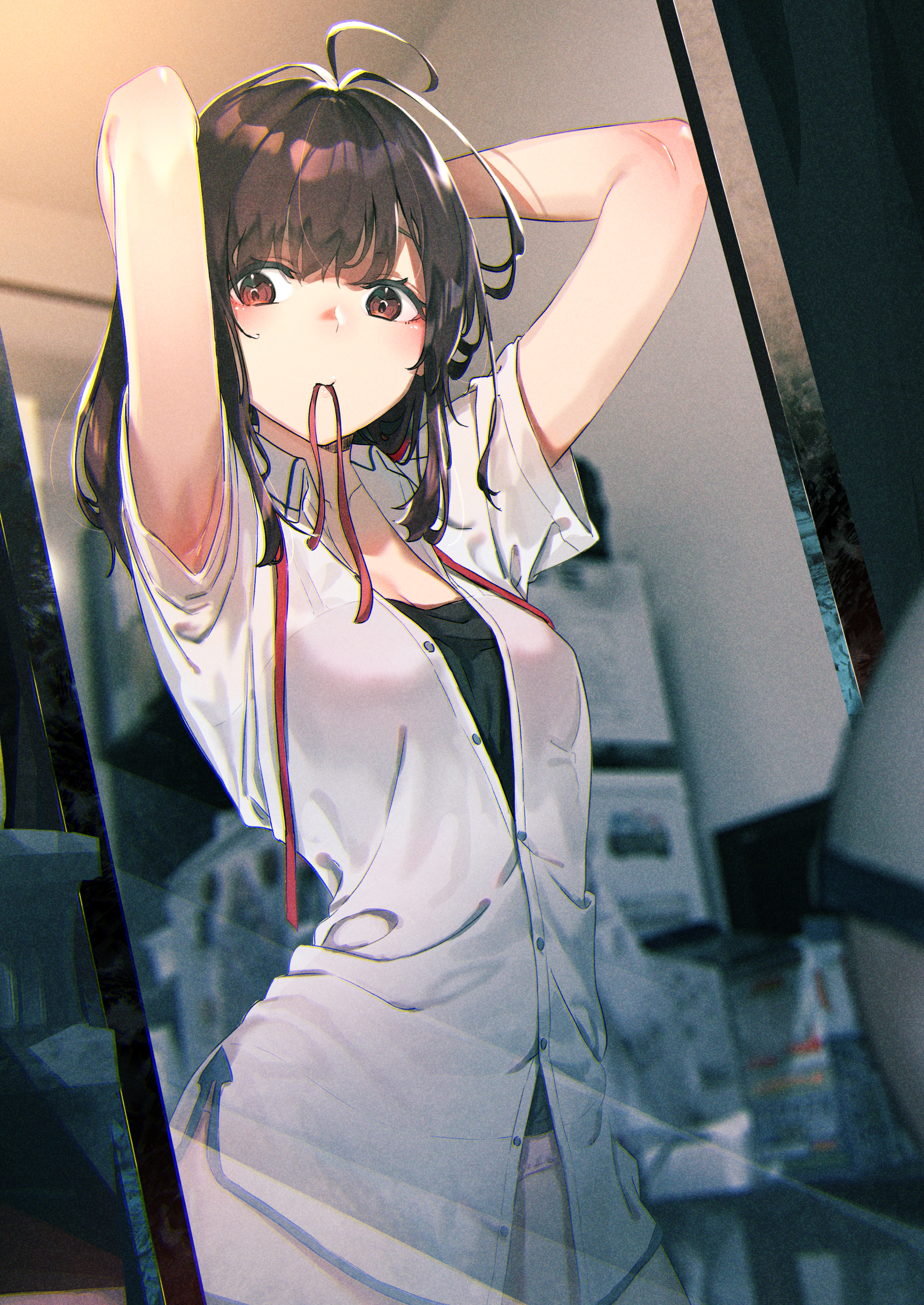Anime 2150x3035 original characters brunette bangs hands on head ribbon shirt mirror reflection artwork illustration drawing digital art 2D Rolua Noa anime standing arms up arms behind head