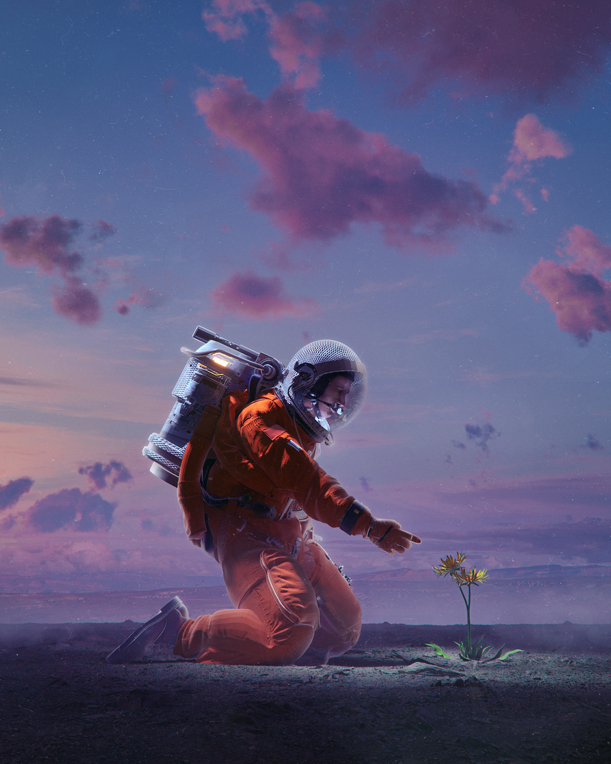 General 1200x1500 astronaut artwork sky science fiction plants kneeling