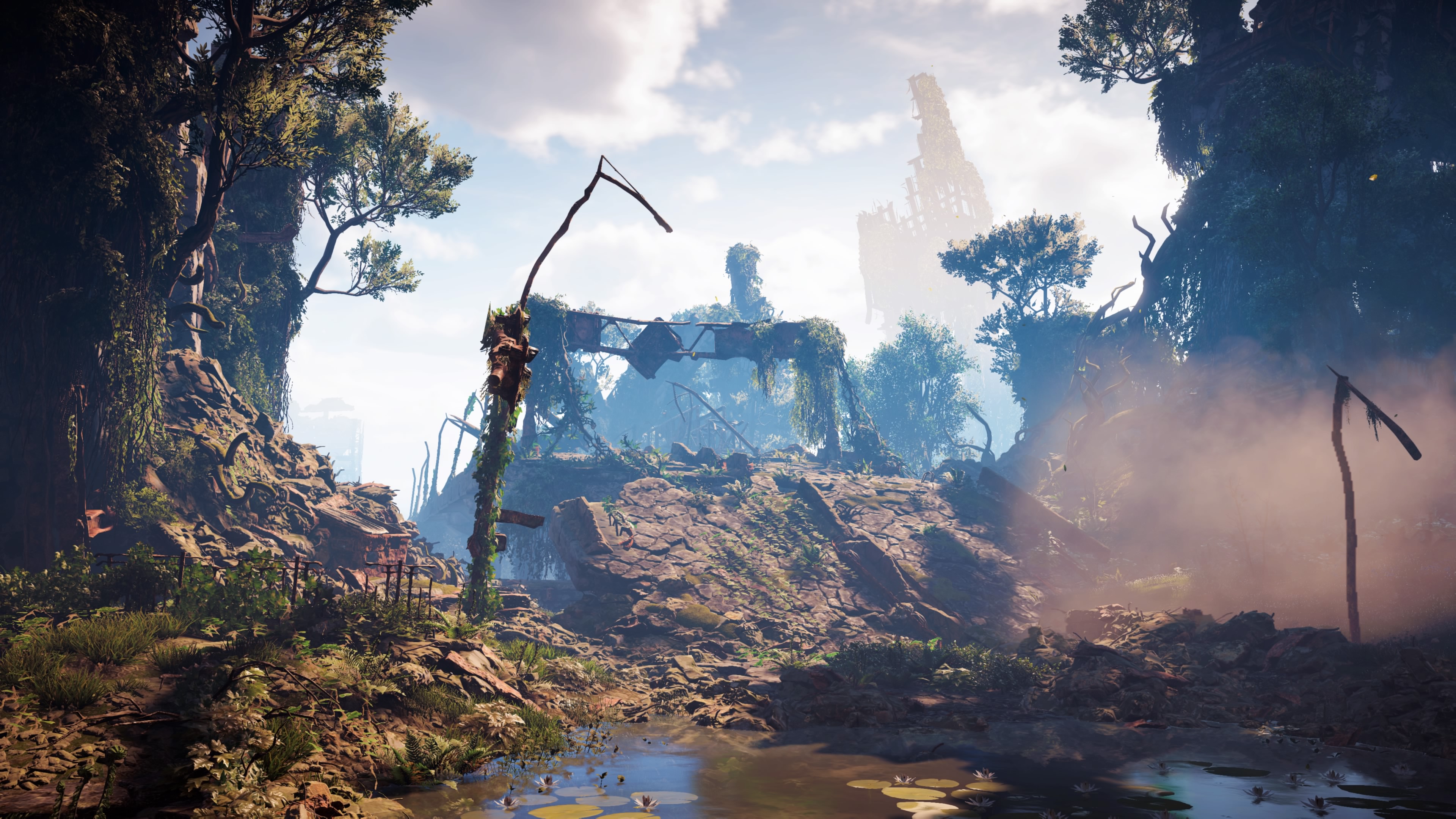 General 3840x2160 Horizon: Zero Dawn nature apocalyptic ruins overgrown video game art PlayStation 4 Playstation 4 Pro video games screen shot guerrilla games video game landscape
