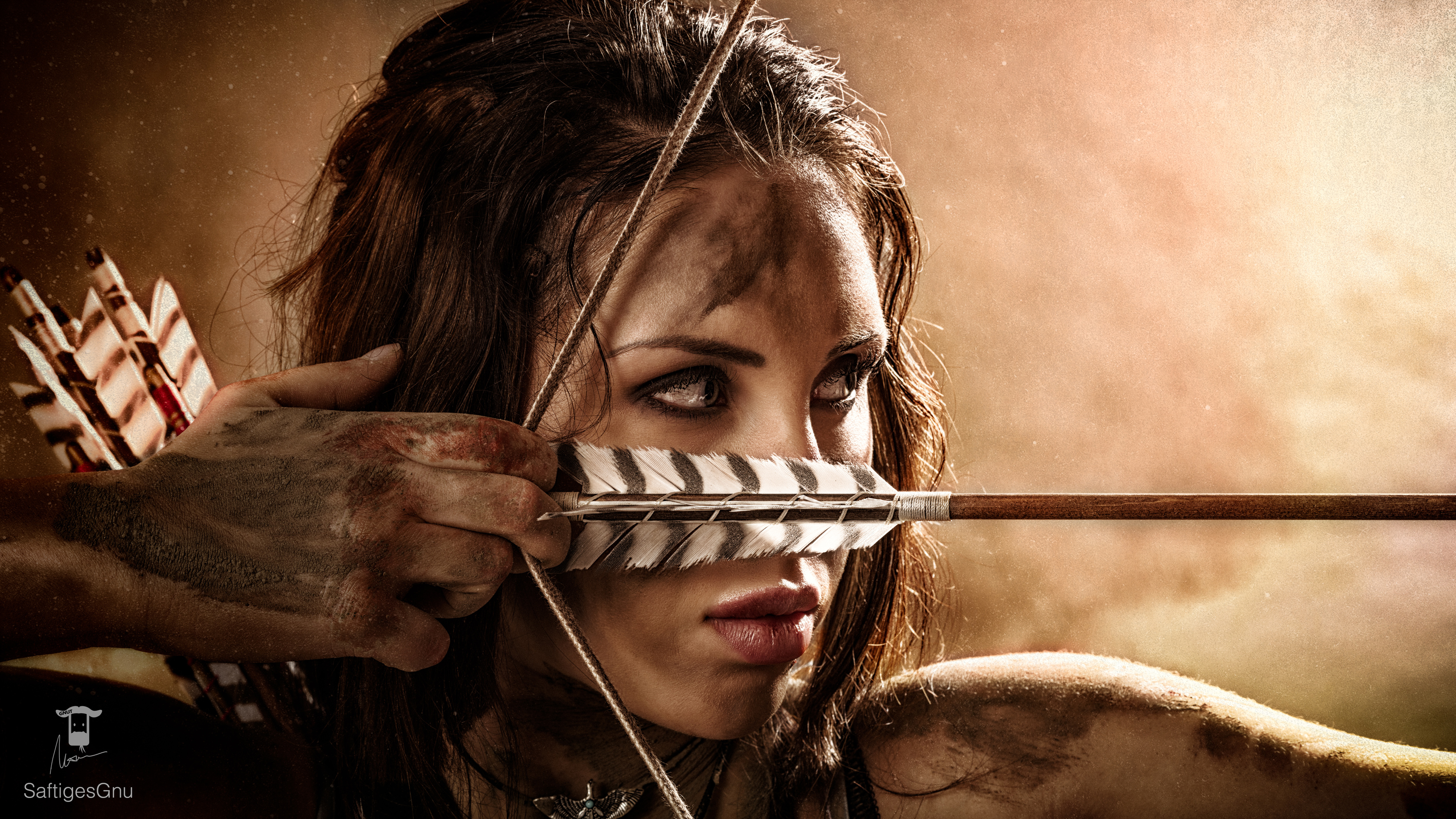 People 3265x1837 women model brunette long hair face arrows archer bow and arrow dirty hands cosplay Lara Croft (Tomb Raider) video games video game characters dirt blood