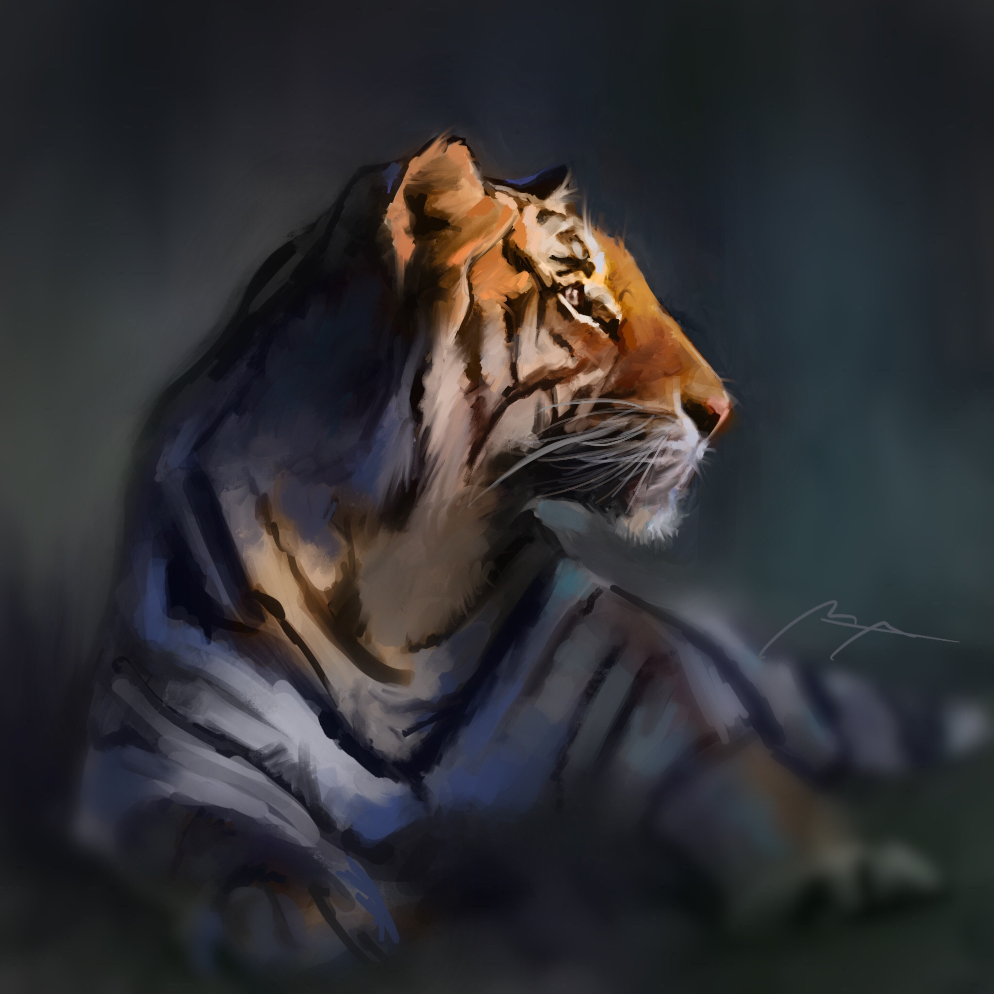 General 2048x2048 portrait display tiger painting blurry background signature