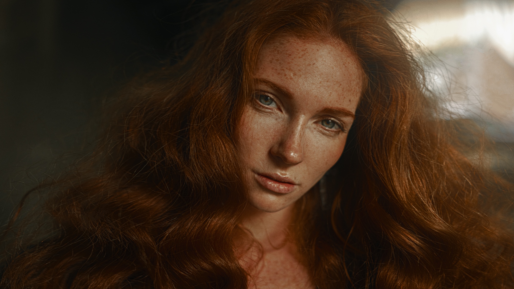People 2000x1125 women model face redhead looking at viewer long hair freckles Oksana Butovskaya closeup