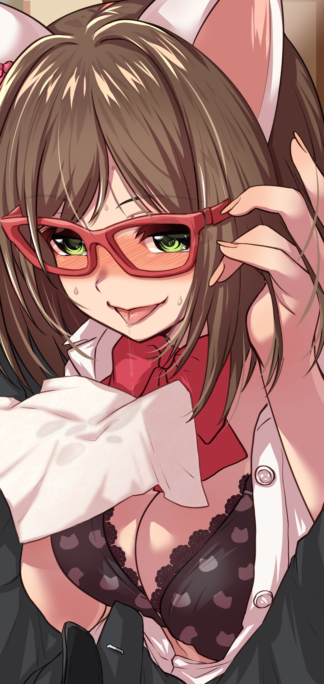 Anime 1350x2850 anime anime girls digital art artwork 2D portrait display Morino Shoutarou animal ears brunette green eyes glasses tongue out open clothes bra cleavage
