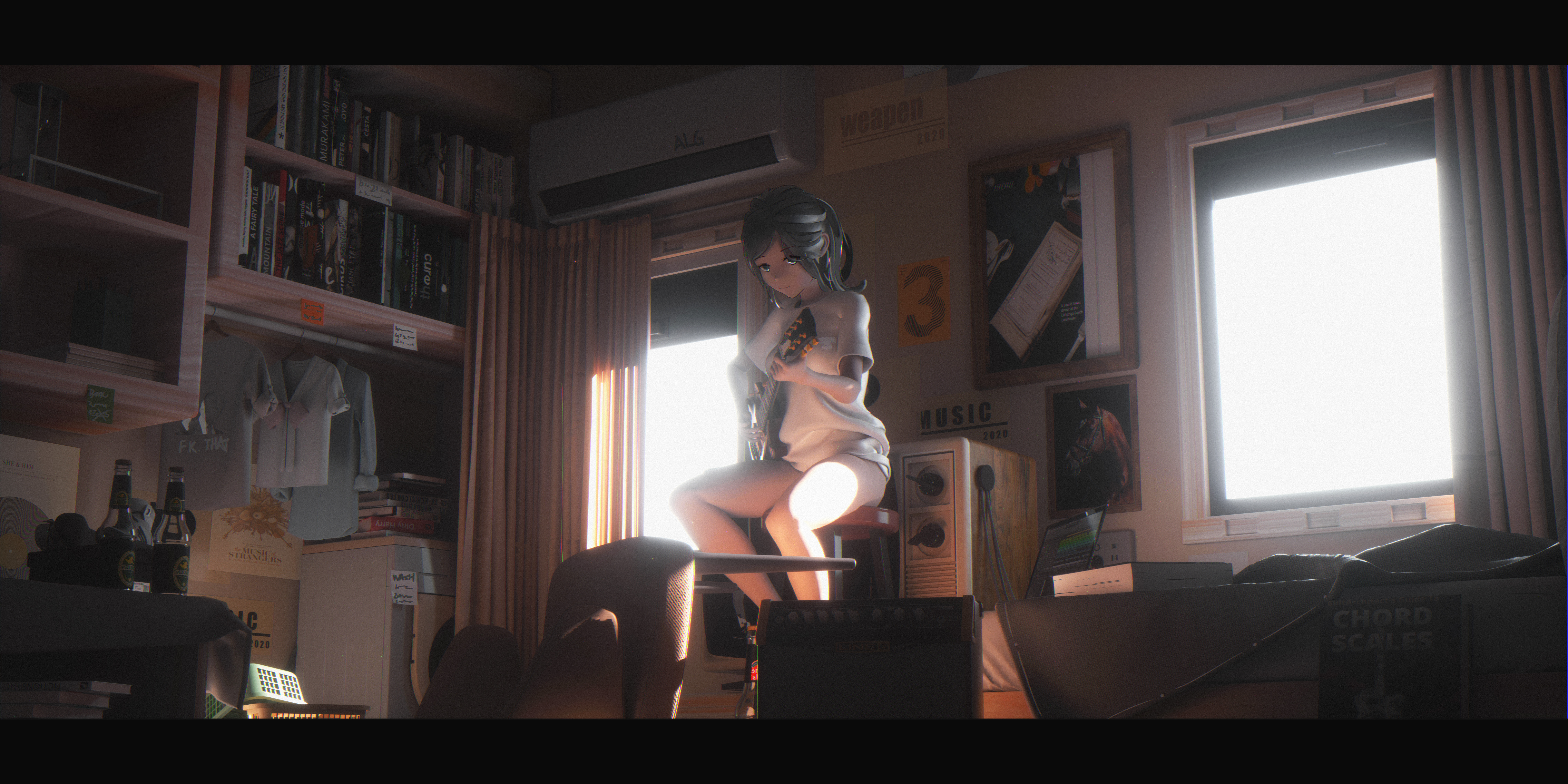 Anime 8000x4000 CGI anime girls indoors sunlight Bangeningmeng women women indoors sitting room interior dark hair musical instrument