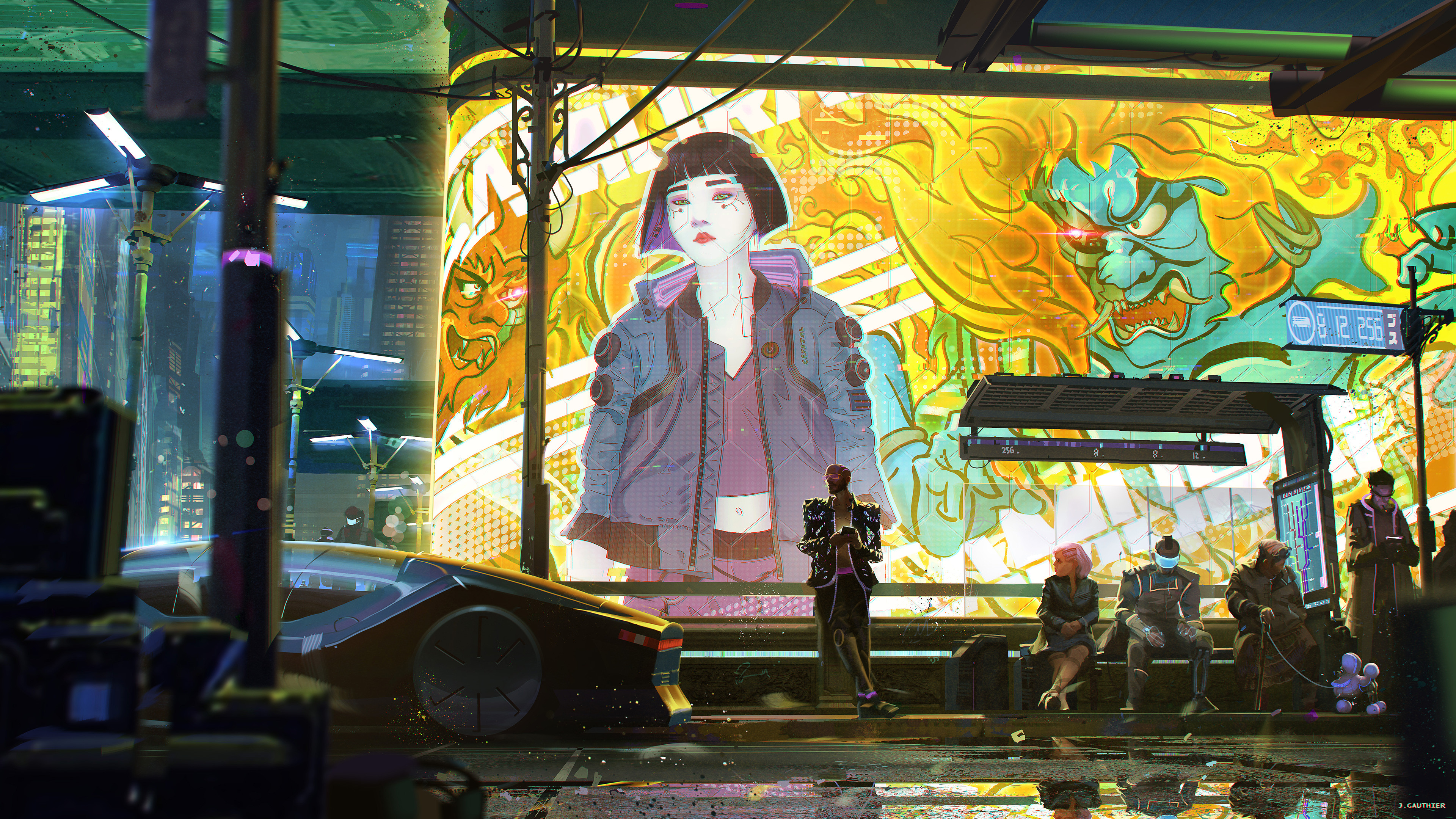 General 3840x2160 artwork science fiction cyberpunk digital art Asian street car people bus stop fictional red lipstick green eyes short hair black hair jacket cyber