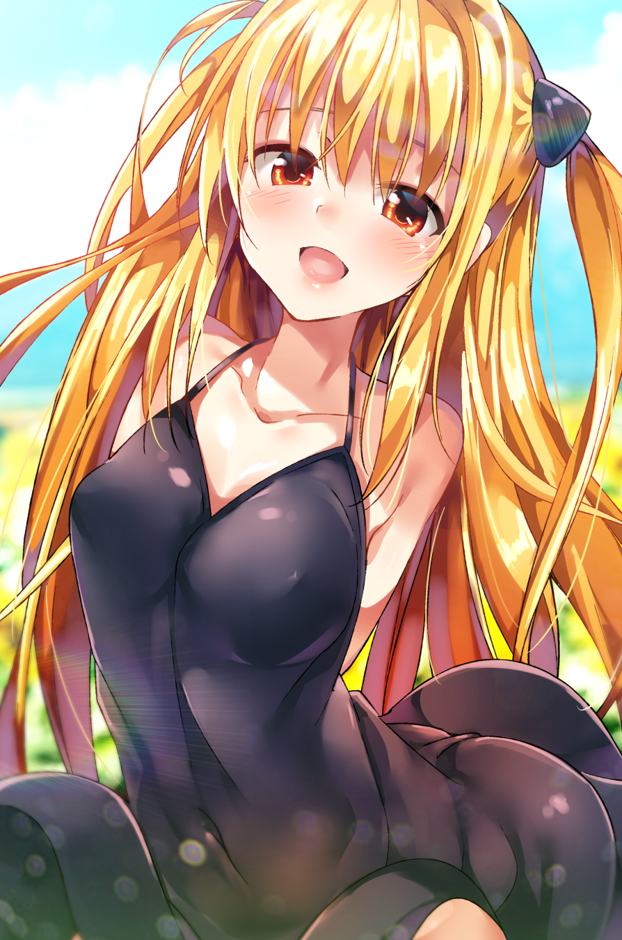 Anime 894x1351 To Love-ru Darkness Golden Darkness boobs black dress happy face smiling clouds anime girls anime depth of field clear sky bokeh overcast lens flare long hair looking at viewer open mouth sleeveless outdoors solo bare shoulders arm(s) behind back blonde brown eyes dress no bra hard nipples To Love-ru Ryouma