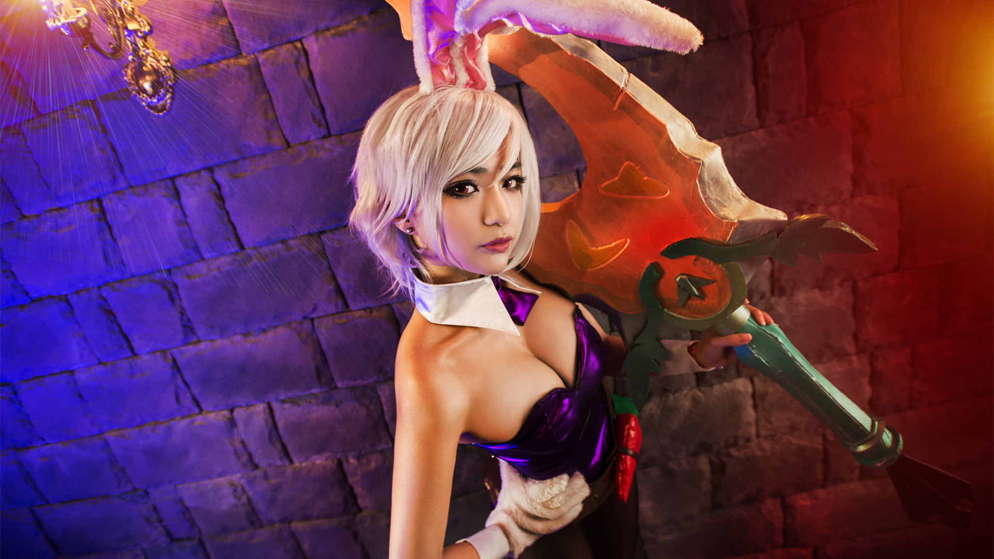 People 2048x1152 cosplay women Asian model makeup cleavage looking at viewer red eyes Riven (League of Legends) bunny ears