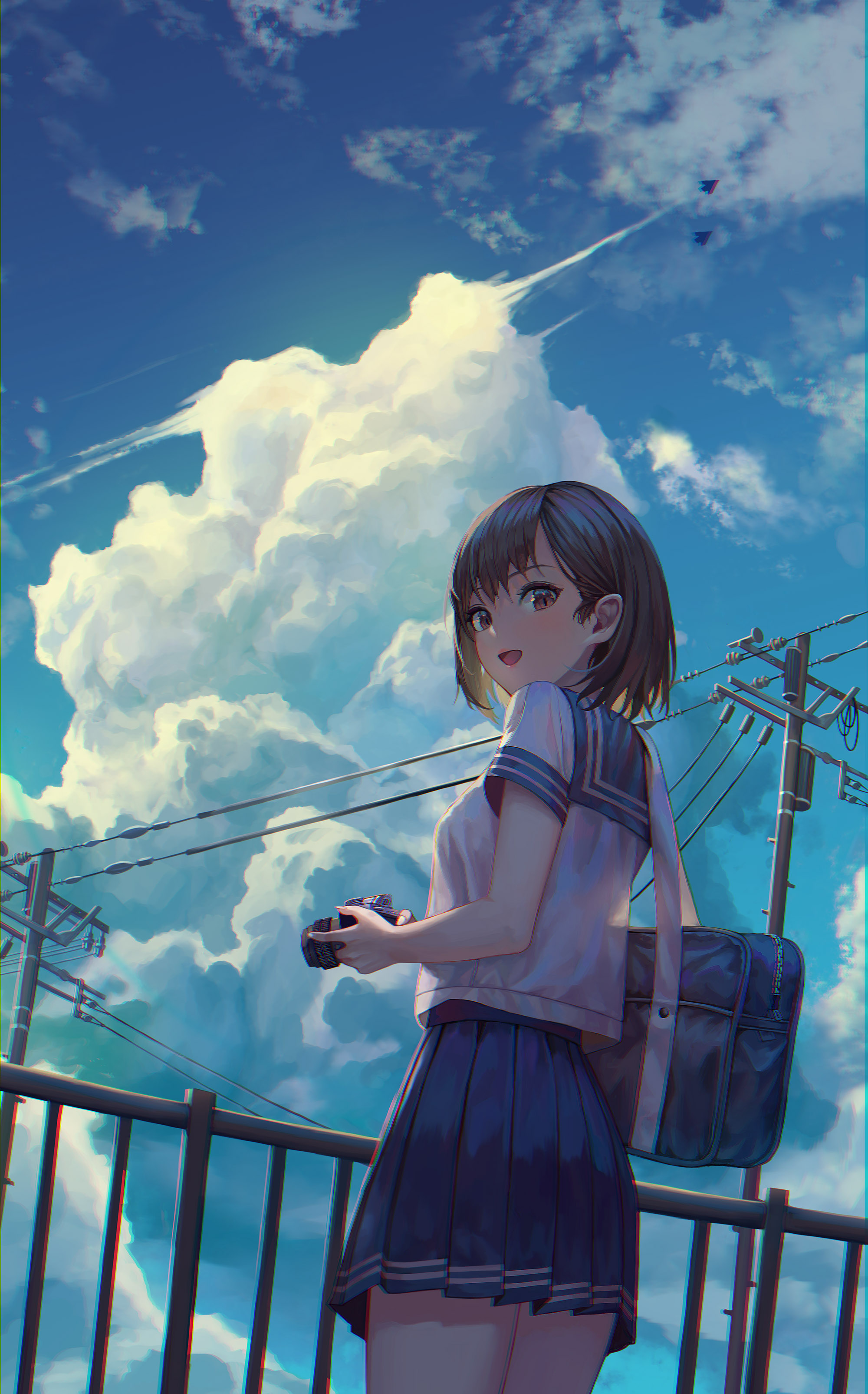 Anime 2000x3209 anime anime girls digital art artwork portrait display short hair sky clouds school uniform camera open mouth brunette brown eyes airplane photographer moescape low-angle TTUTTO looking below