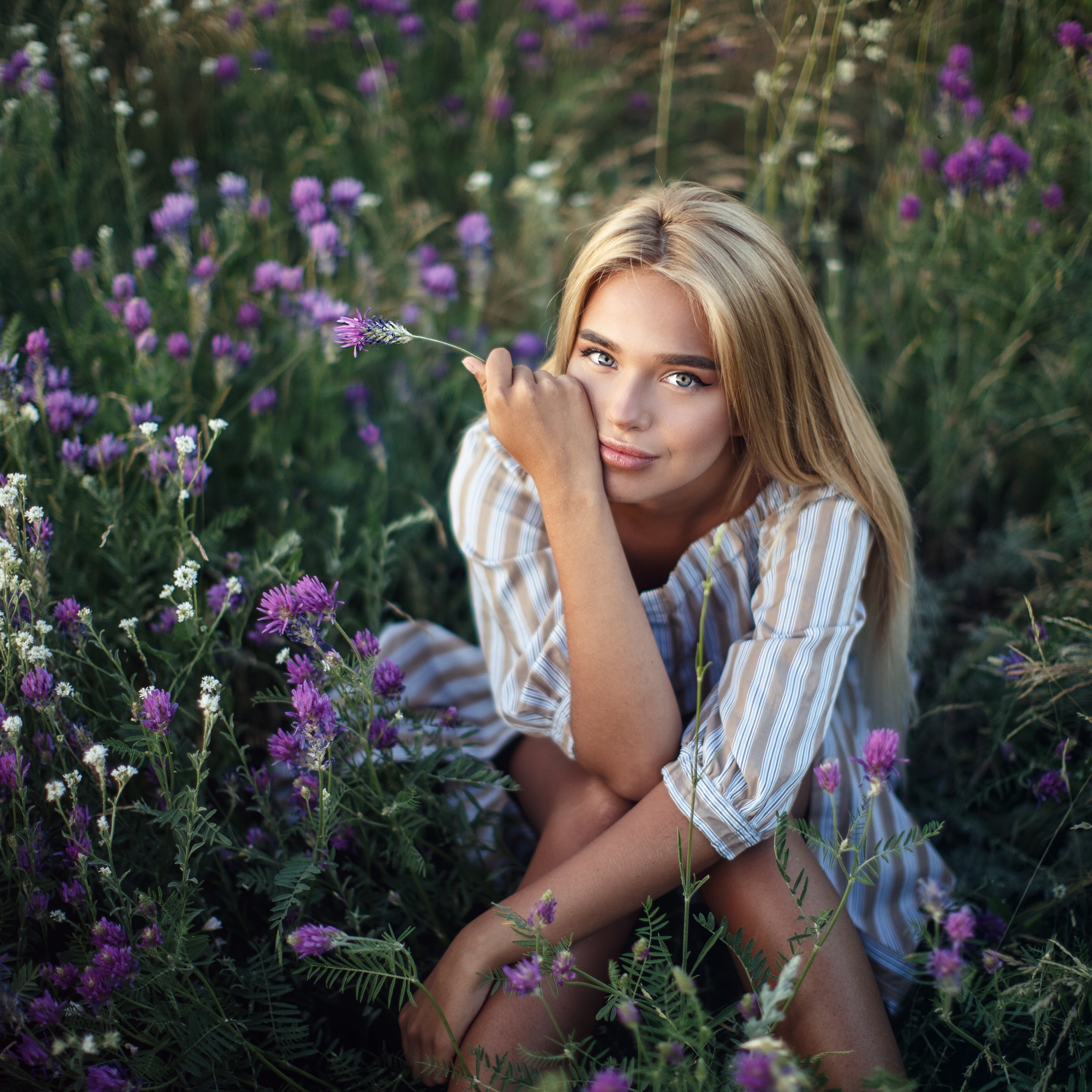 People 2160x2160 Sergey Sorokin Luba Ivanova model women blonde long hair straight hair face blue eyes mouth lips legs shirt flowers sitting looking at viewer portrait touching face thick eyebrows