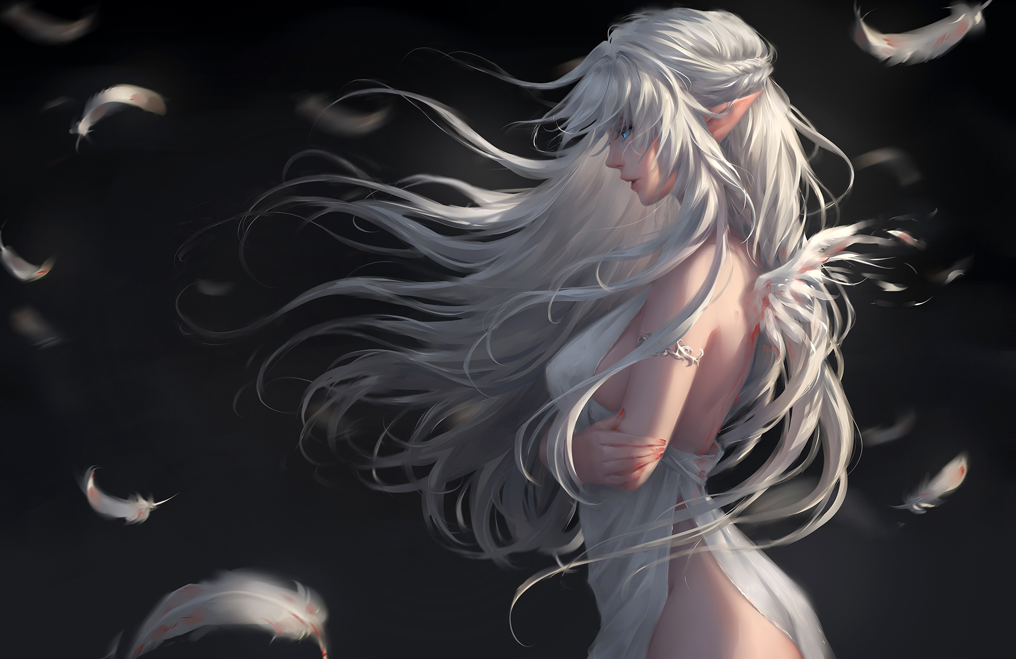 General 2000x1298 chuby mi women artwork digital art drawing wings white hair feathers long hair