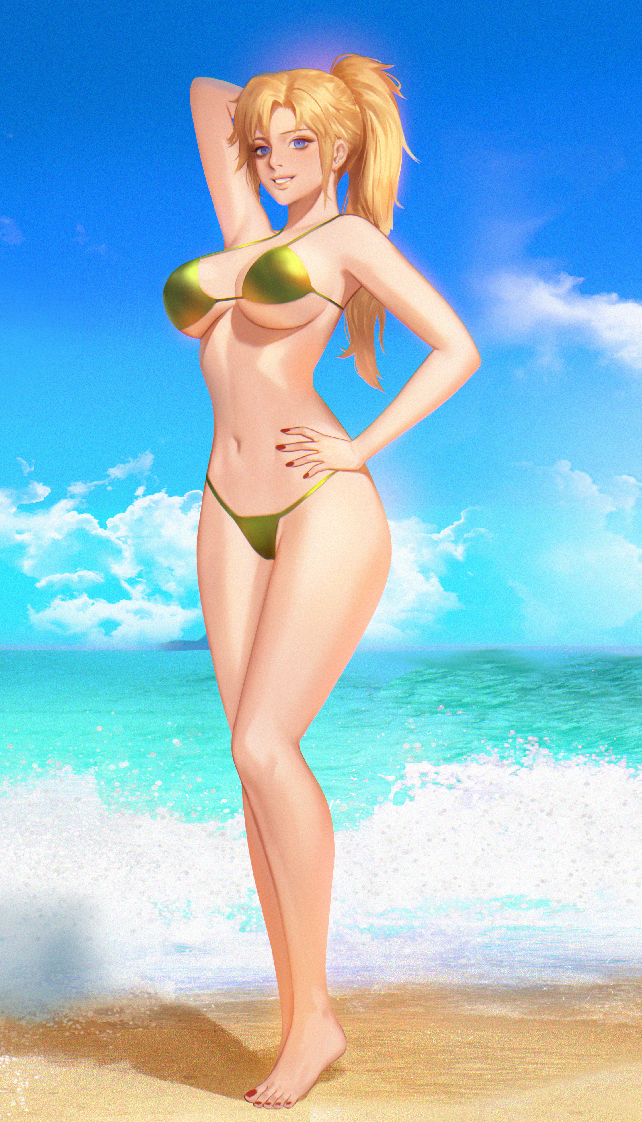 Anime 2239x3909 Mordred (Fate/Apocrypha) Fate/Grand Order anime anime girls blonde ponytail blue eyes looking at viewer smiling bikini swimwear underboob belly sea sky clouds painted nails artwork digital art drawing illustration 2D Seungyoon Lee fan art Pixiv