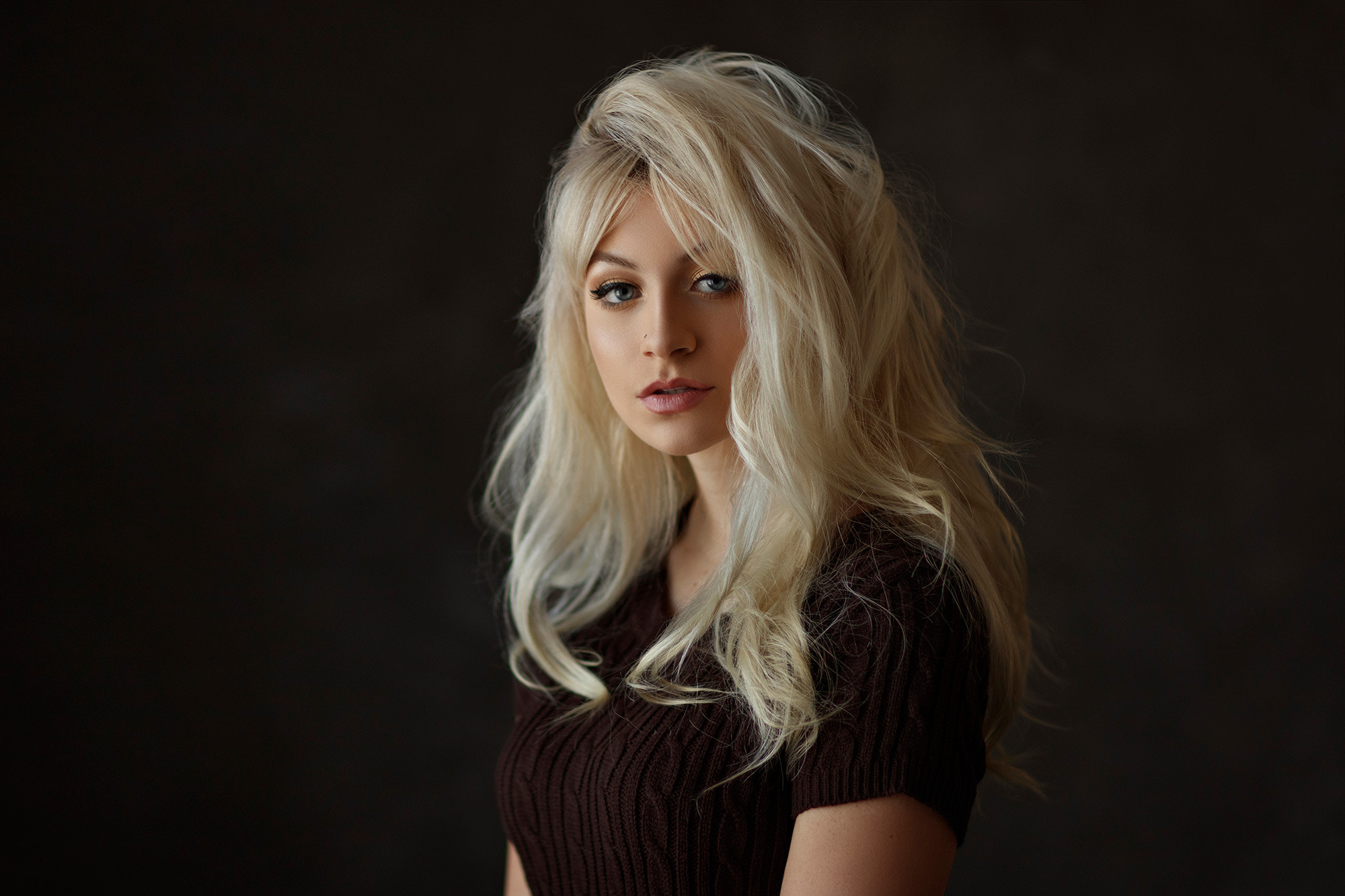 People 2000x1333 women blonde face long hair simple background blue eyes sweater portrait pierced nose Sergey Bidun
