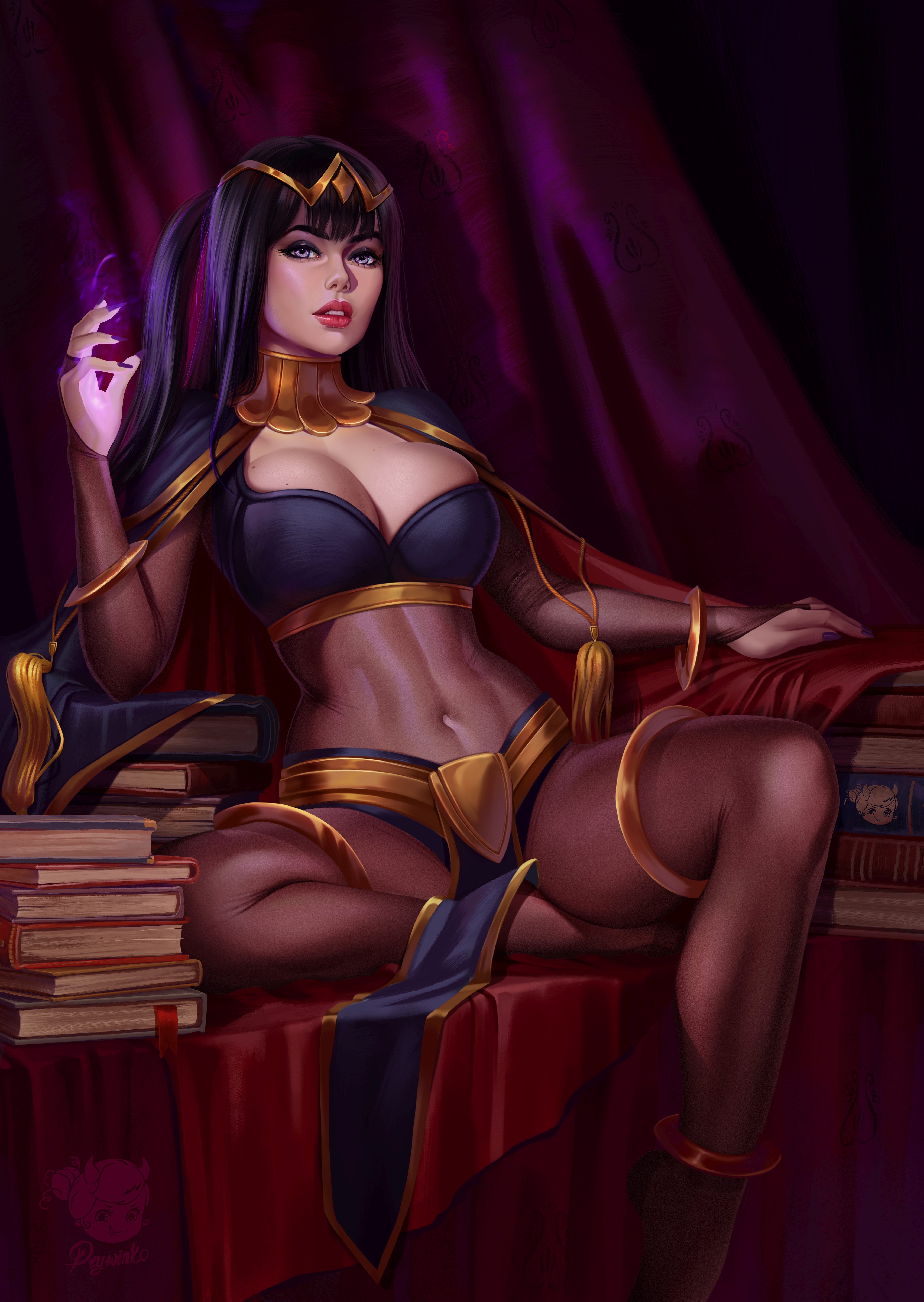 General 5259x7410 Tharja Fire Emblem video games video game characters Fire Emblem Awakening video game girls dark hair hair accessories jewelry skimpy clothes see-through clothing pantyhose sitting books fantasy girl cleavage belly portrait display 2D artwork drawing digital art illustration fan art Prywinko looking at viewer parted lips