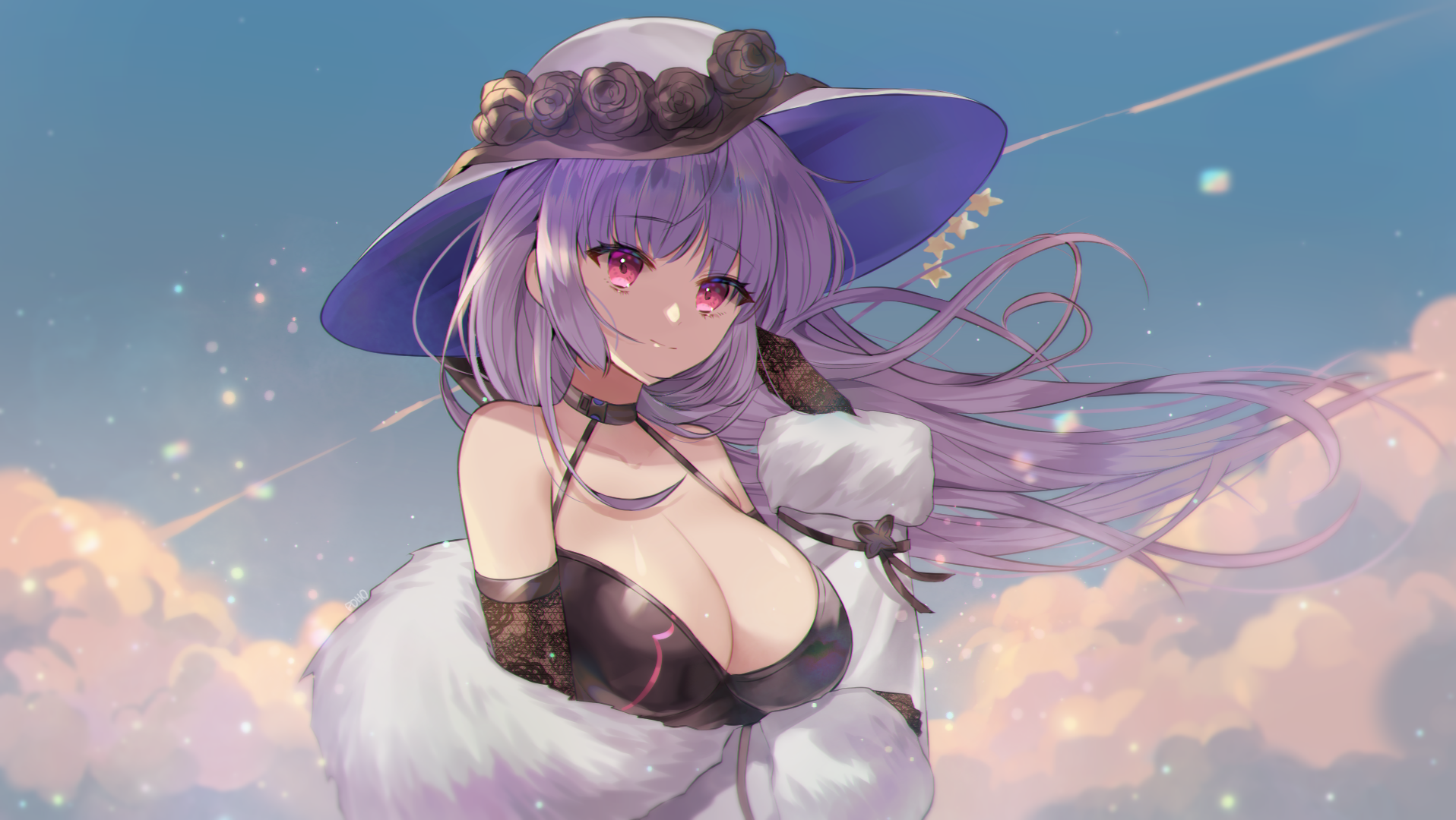 Anime 1916x1080 Girls Frontline boobs purple hair red eyes hat cleavage anime ZB-26(Girls Frontline)