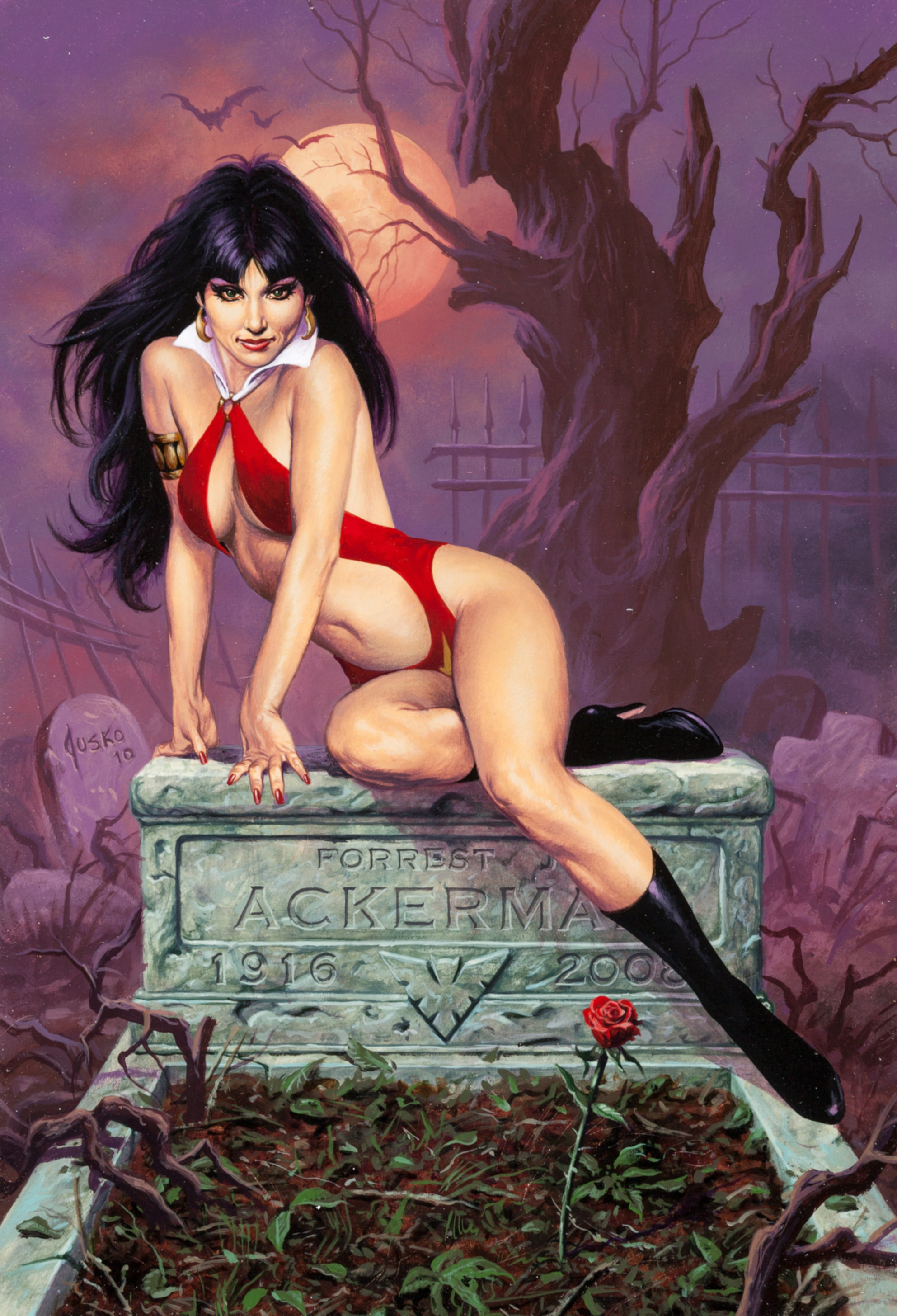 General 1985x2911 Joe Jusko painting Vampirella grave graveyards tombstones Moon tree trunk bats rose women comic art