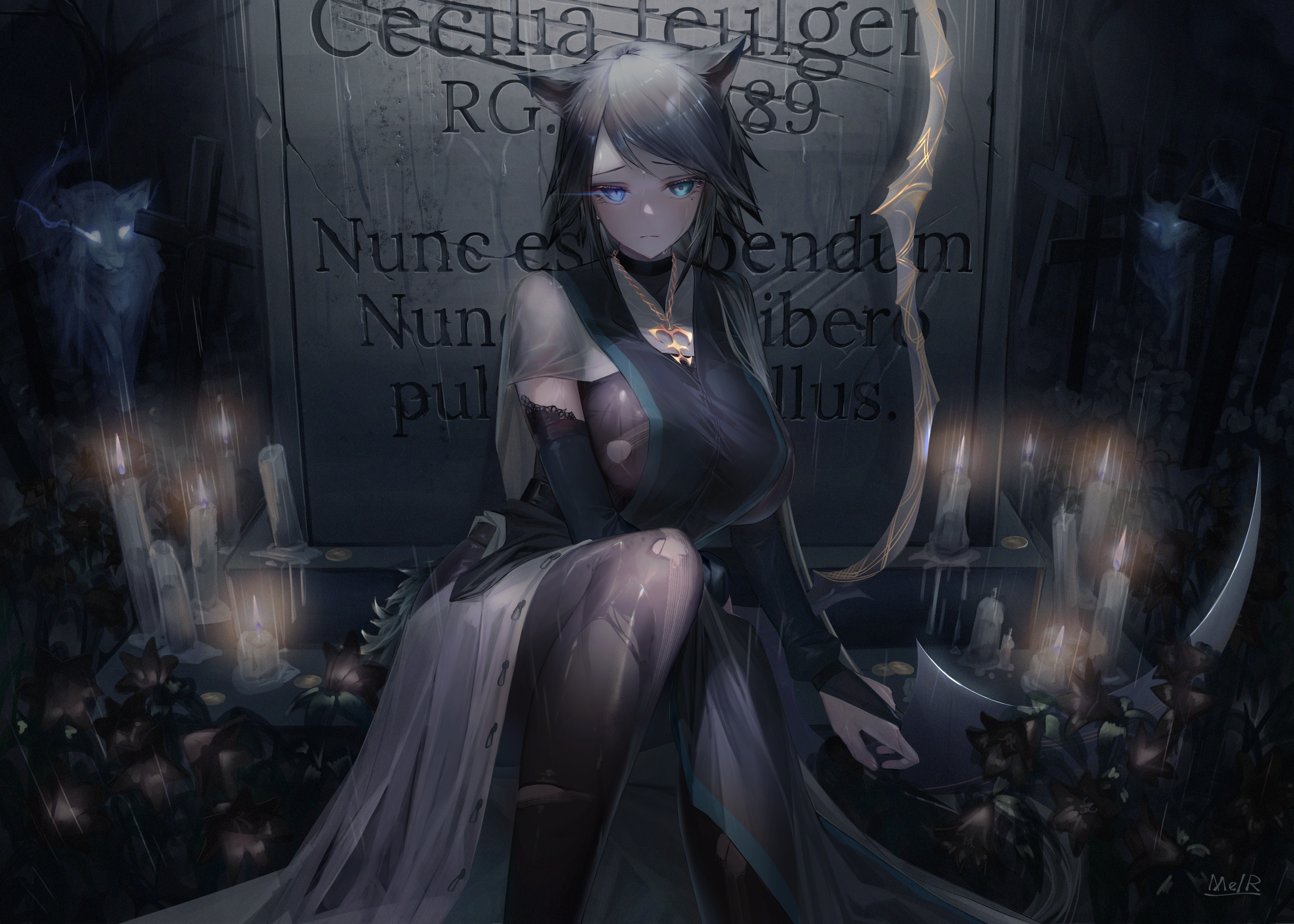 Anime 4051x2894 animal ears torn clothes weapon anime bangs black hair blue eyes bodysuit candles dress elbow gloves eyelashes flowers gloves glowing jewelry looking at viewer necklace night outdoors pendant rain short hair sitting spirits tombstones wet white dress wolf wolf ears heterochromia Me/R Graves