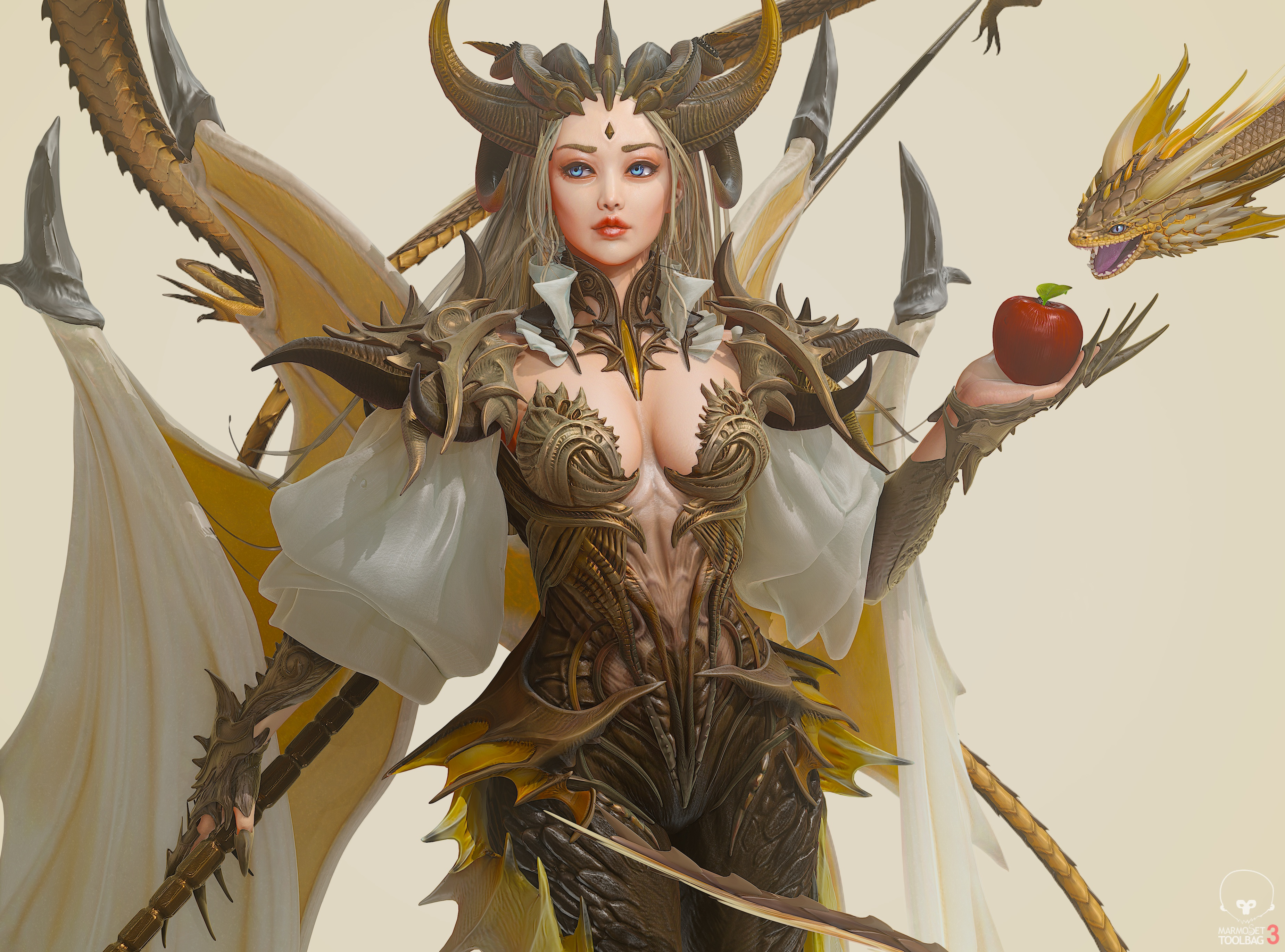 General 3700x2742 artwork fantasy art fantasy girl blue eyes dragon girl apples food fruit boobs horns red lipstick standing white background simple background CGI