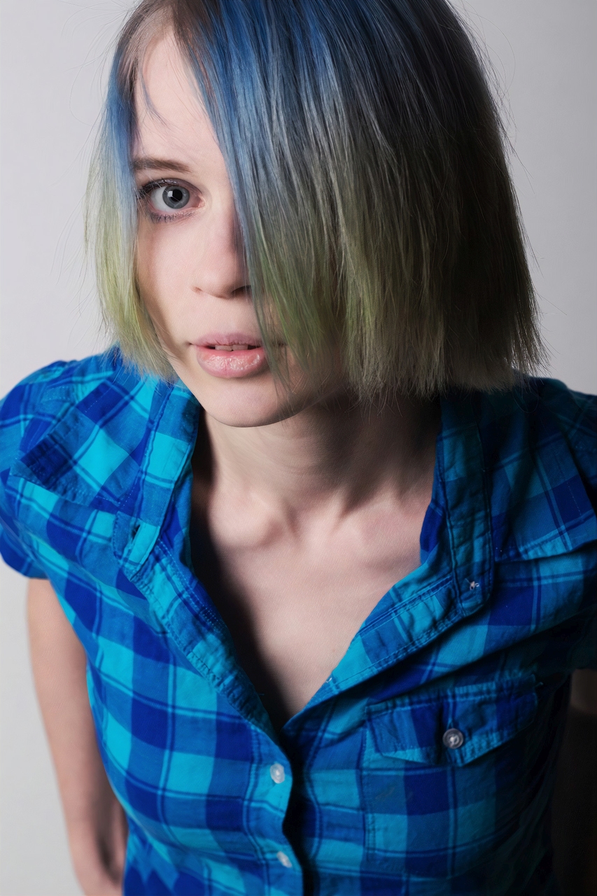 People 853x1280 Nastya Nordlund women model short hair pale blue eyes dry lips hair covering eyes green hair blue hair face