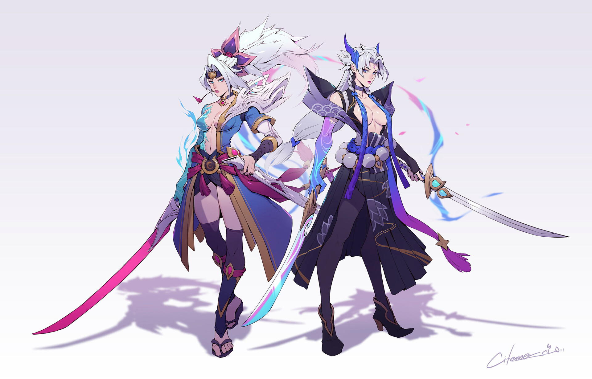 General 1920x1230 Citemer Liu drawing women genderswap League of Legends Yasuo (League of Legends) Spirit Blossom (League of Legends) skimpy clothes topless strategic covering hair over nipples dress fantasy art magician silver hair Yone (League of Legends)