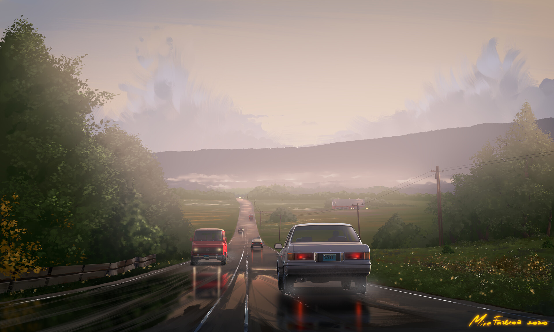 General 1920x1152 road mountains clouds trees car Mike Fazbear ArtStation utility pole van sky headlights taillights driving reflection signature