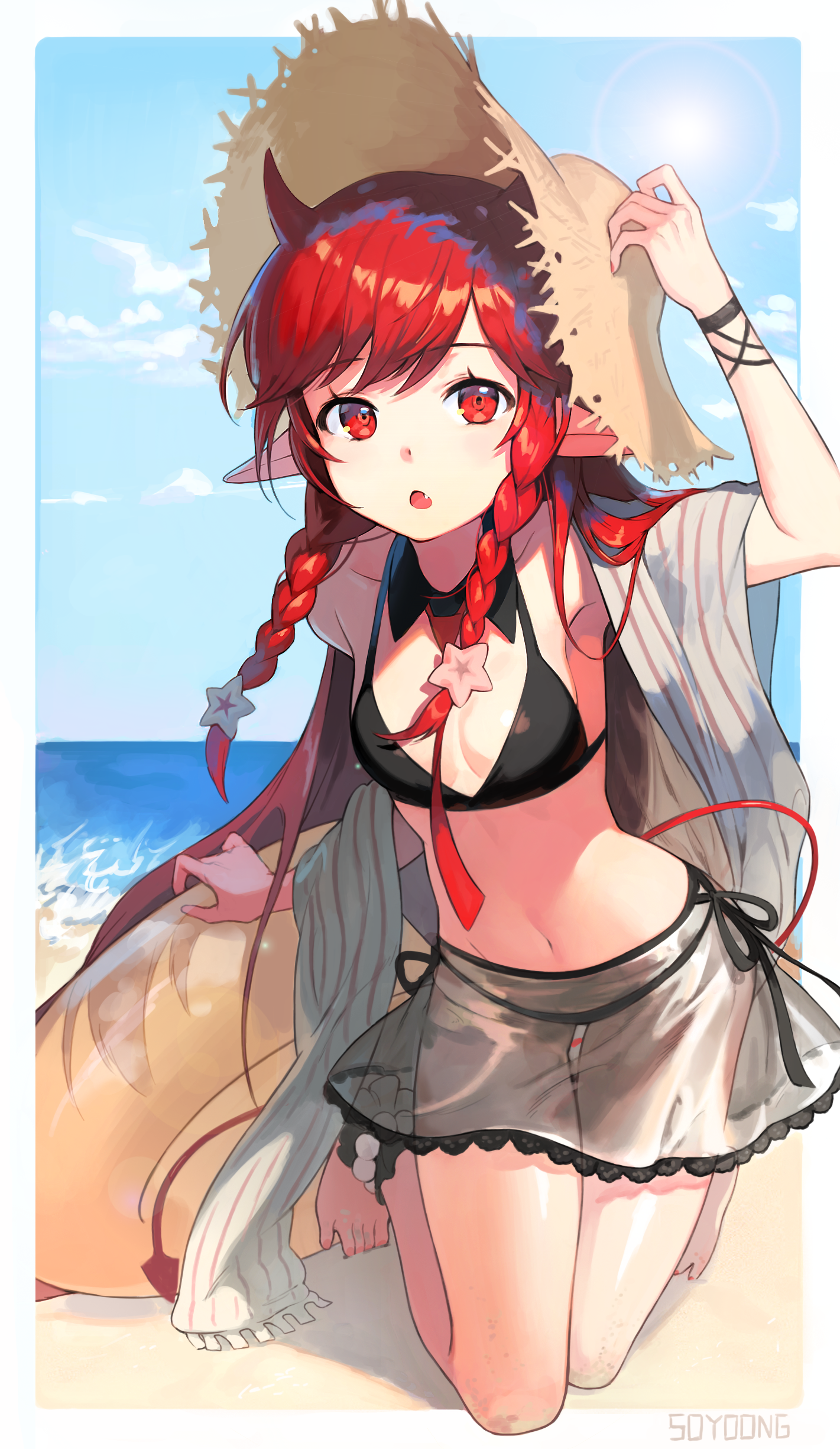 Anime 1421x2450 anime anime girls digital art artwork 2D portrait display Soyoong Jun Arknights Vigna (Arknights) beach redhead twintails braids red eyes pointy ears bikini kneeling