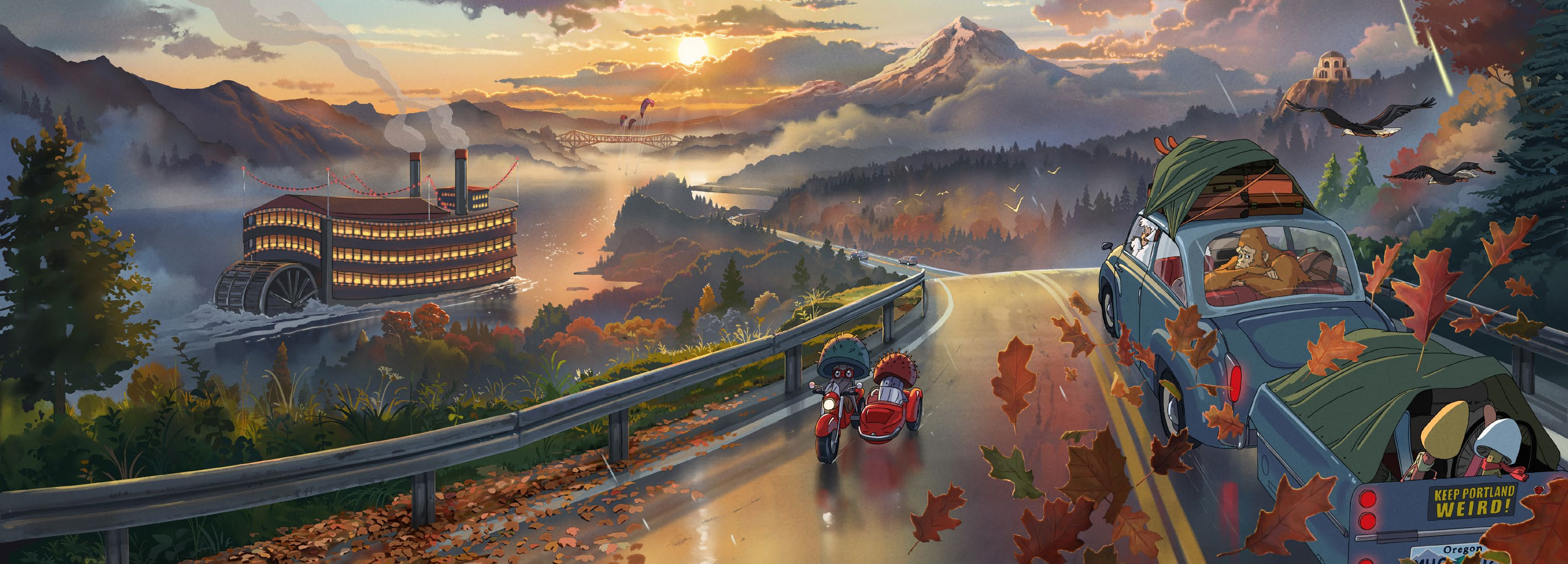 General 3038x1093 Oregon Portland Studio Ghibli Hayao Miyazaki Yeti sasquatch squatch digital painting landscape vacation roadtrip anime