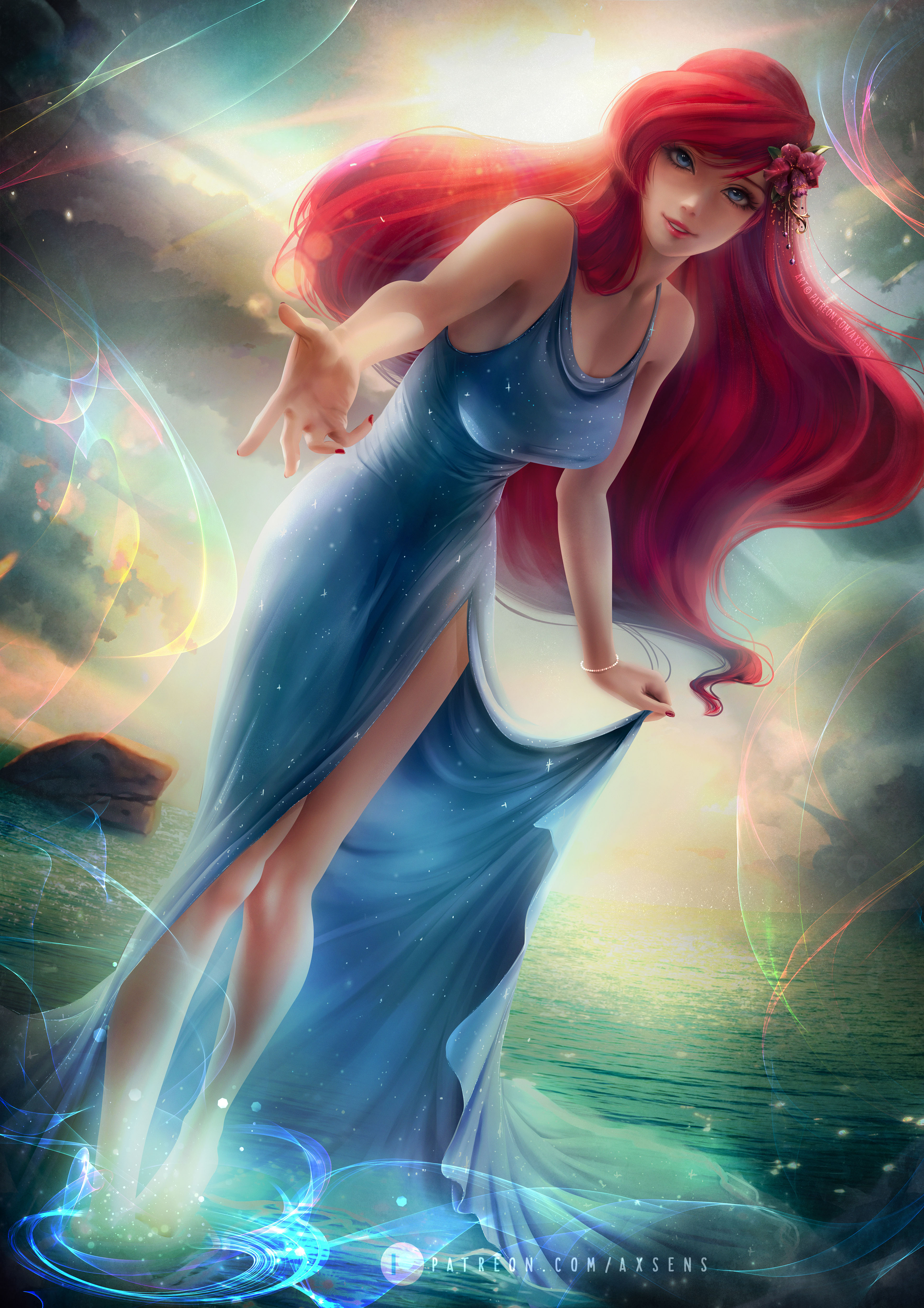 General 3532x5000 illustration artwork digital art fan art Axsens drawing The Little Mermaid long hair redhead Disney Disney princesses blue dress women water frontal view