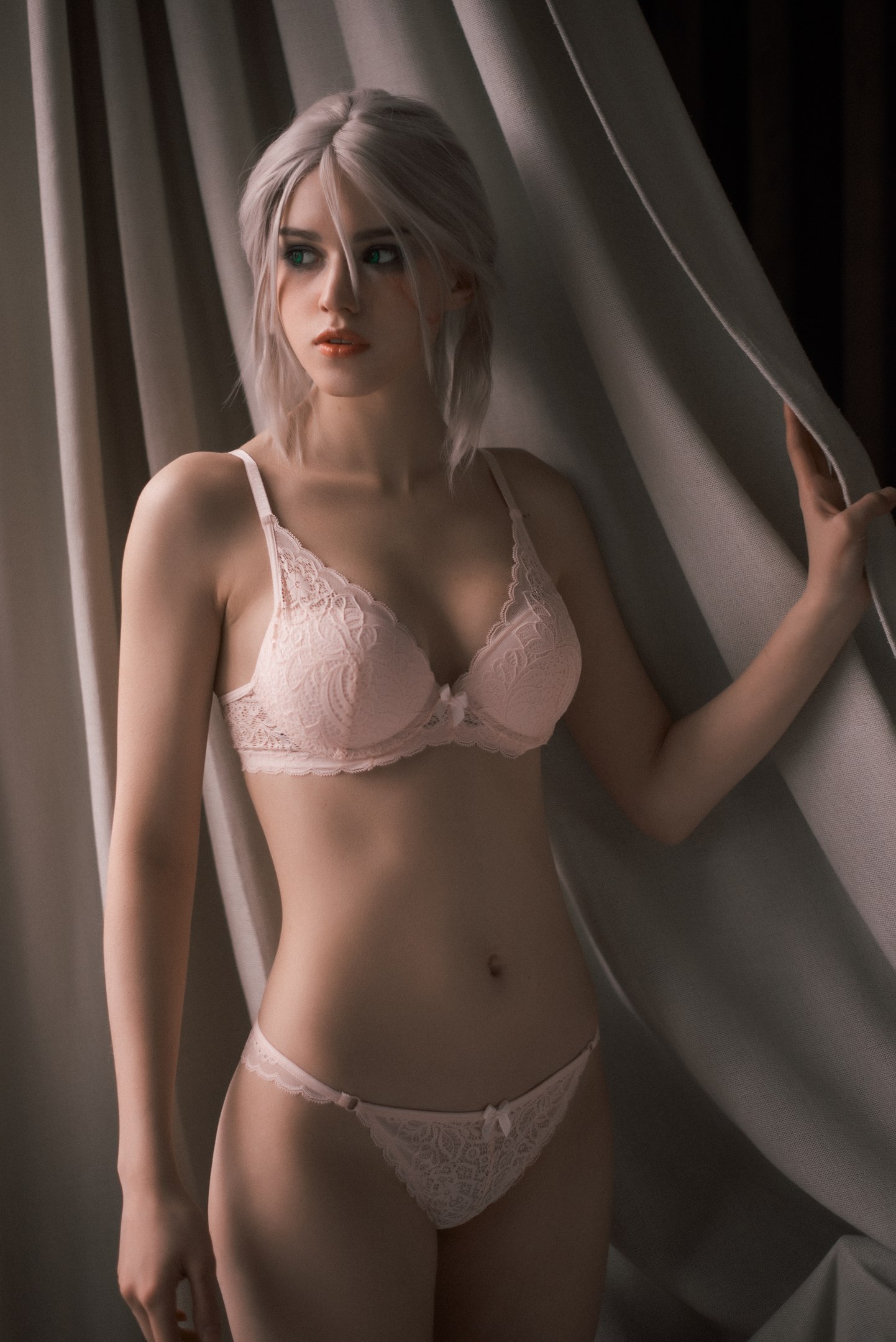 People 1442x2160 women model cosplay Shirogane Sama The Witcher video games video game characters lingerie belly parted lips cleavage looking away Cirilla Fiona Elen Riannon white lingerie bra panties white panties white bra underwear lipstick