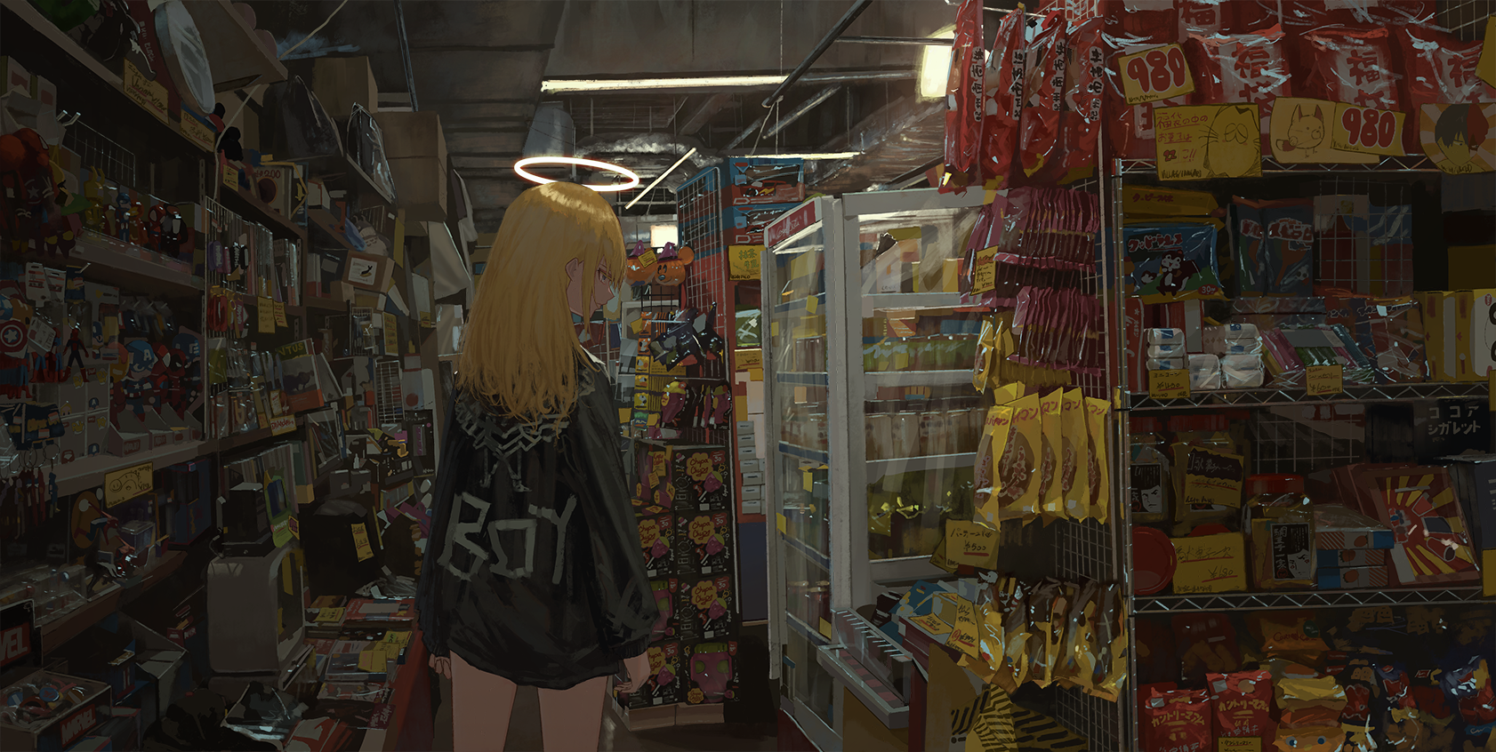 Anime 1682x846 kgmnx anime anime girls long hair black jackets super market thighs original characters looking away 2D blonde halo women indoors food