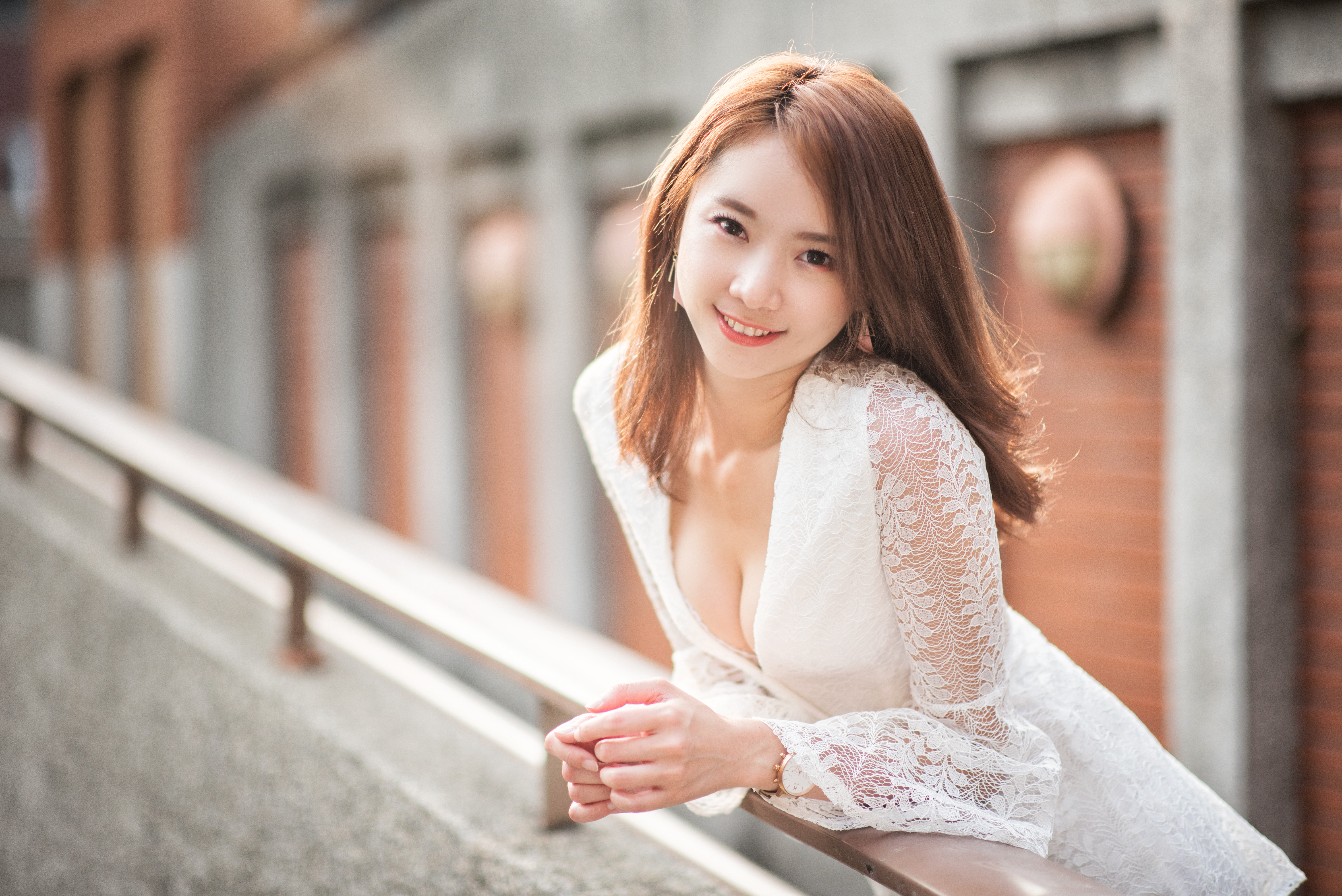 People 6016x4016 Asian model women long hair brunette leaning railing white dress smiling