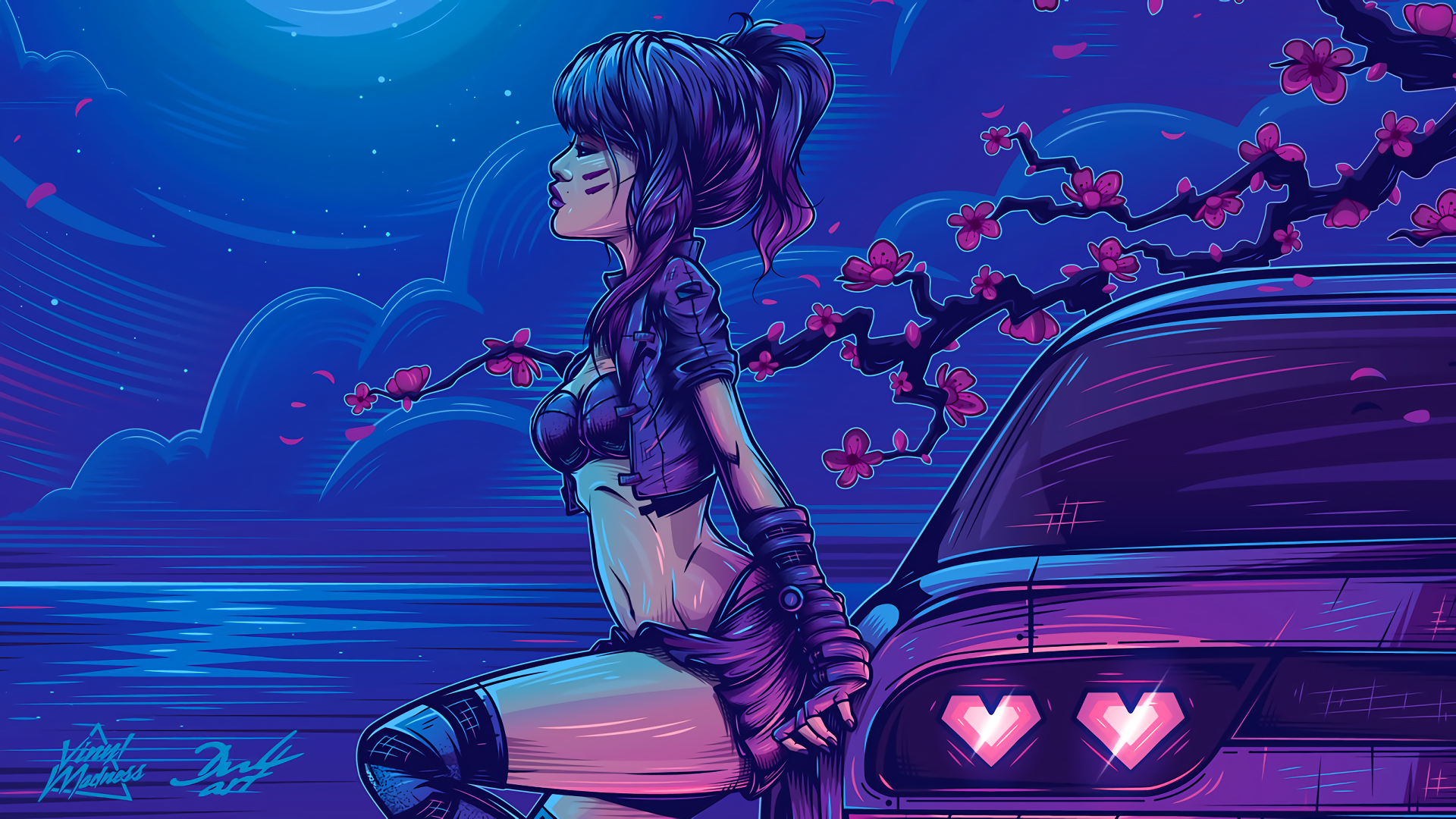 Anime 1920x1080 digital art car flowers anime Nissan 180SX side view taillights heart branch skyline vehicle sky clouds night women with cars belly bra Nissan plants