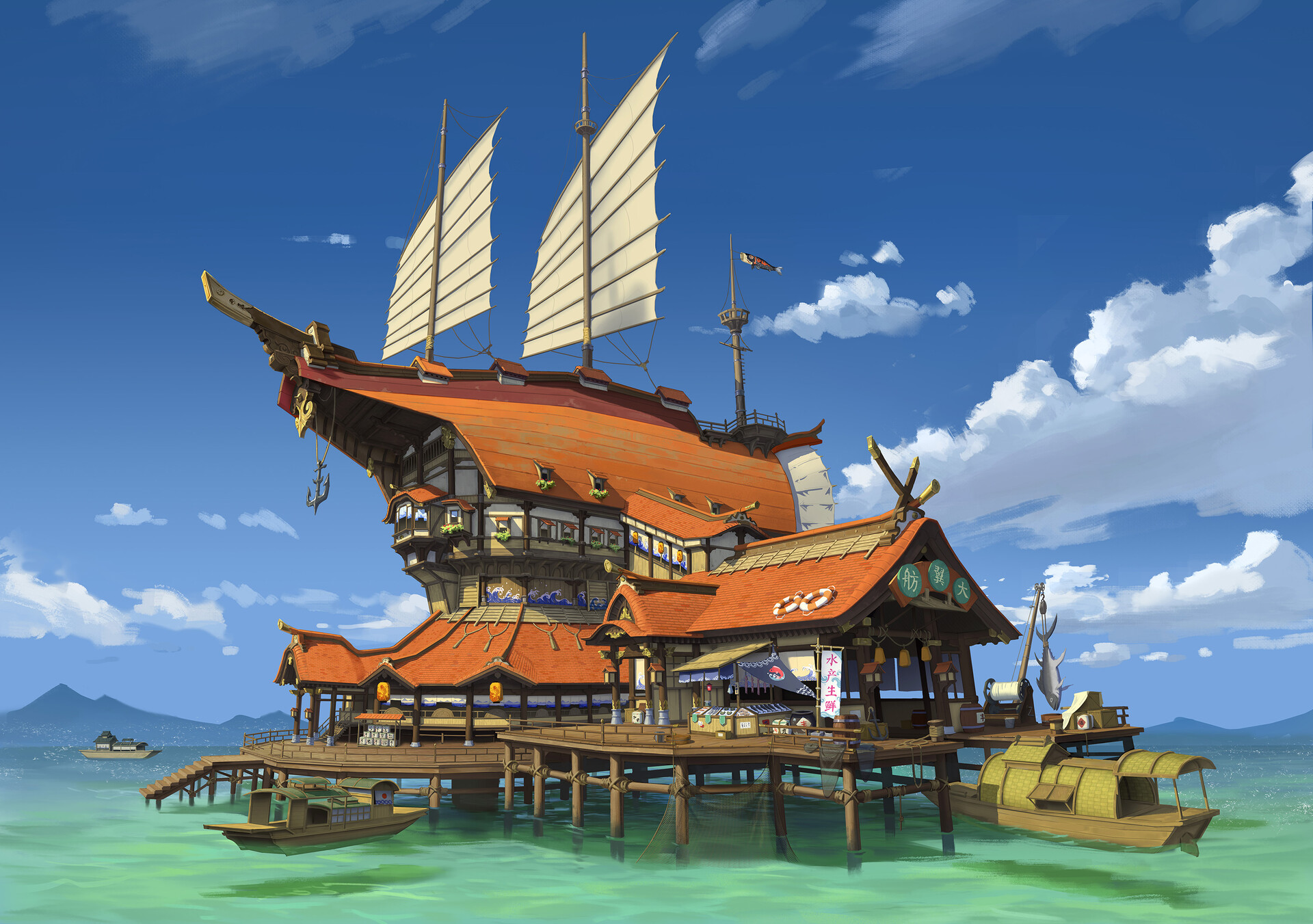 General 1920x1351 drawing house boat water pier banner fish fish hooks sky clouds digital art
