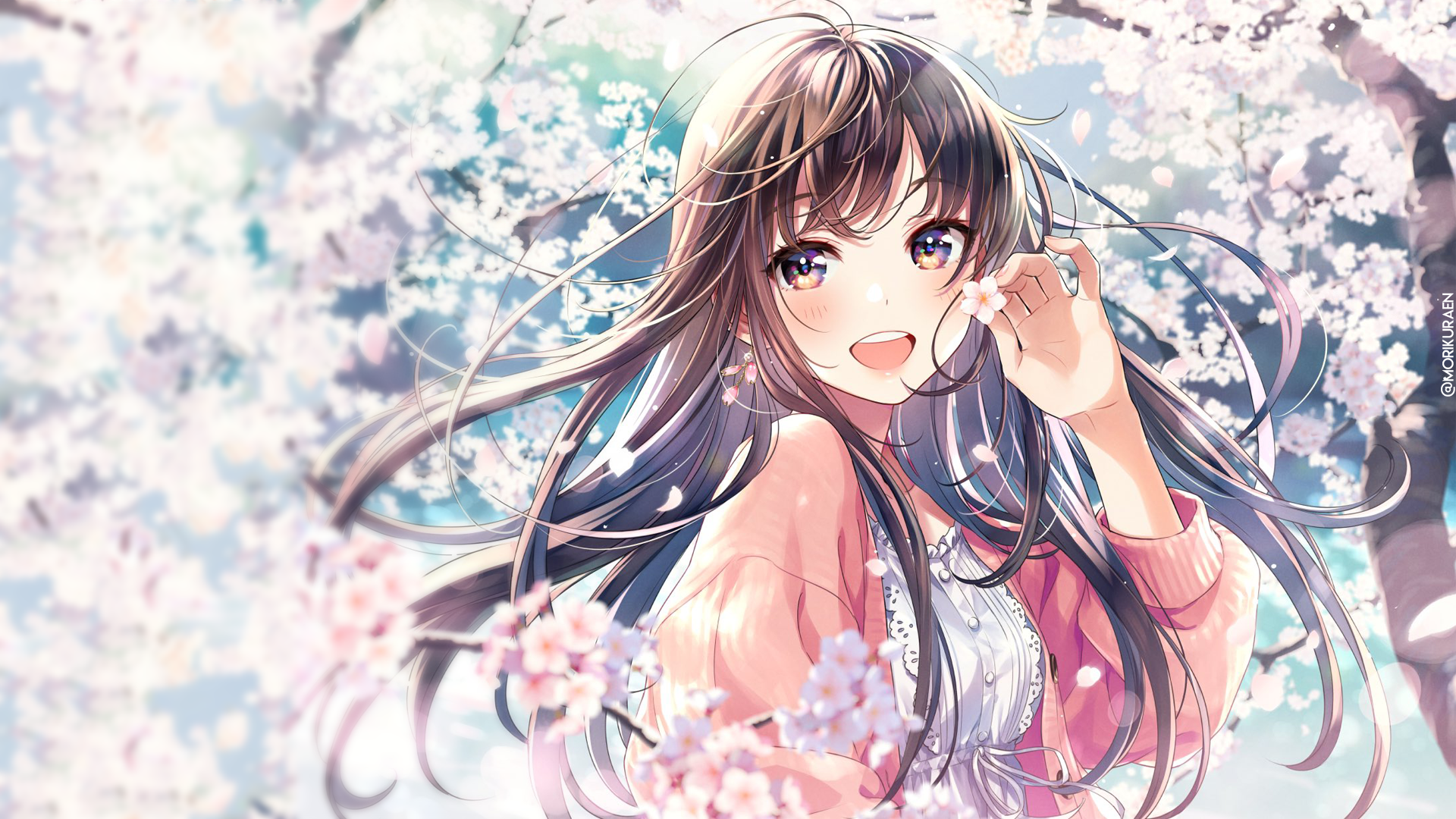 Anime 1920x1080 Morikura En anime girls cherry blossom anime flowers original characters open mouth long hair looking at viewer brunette brown eyes blushing cherry trees watermarked petals wind earring
