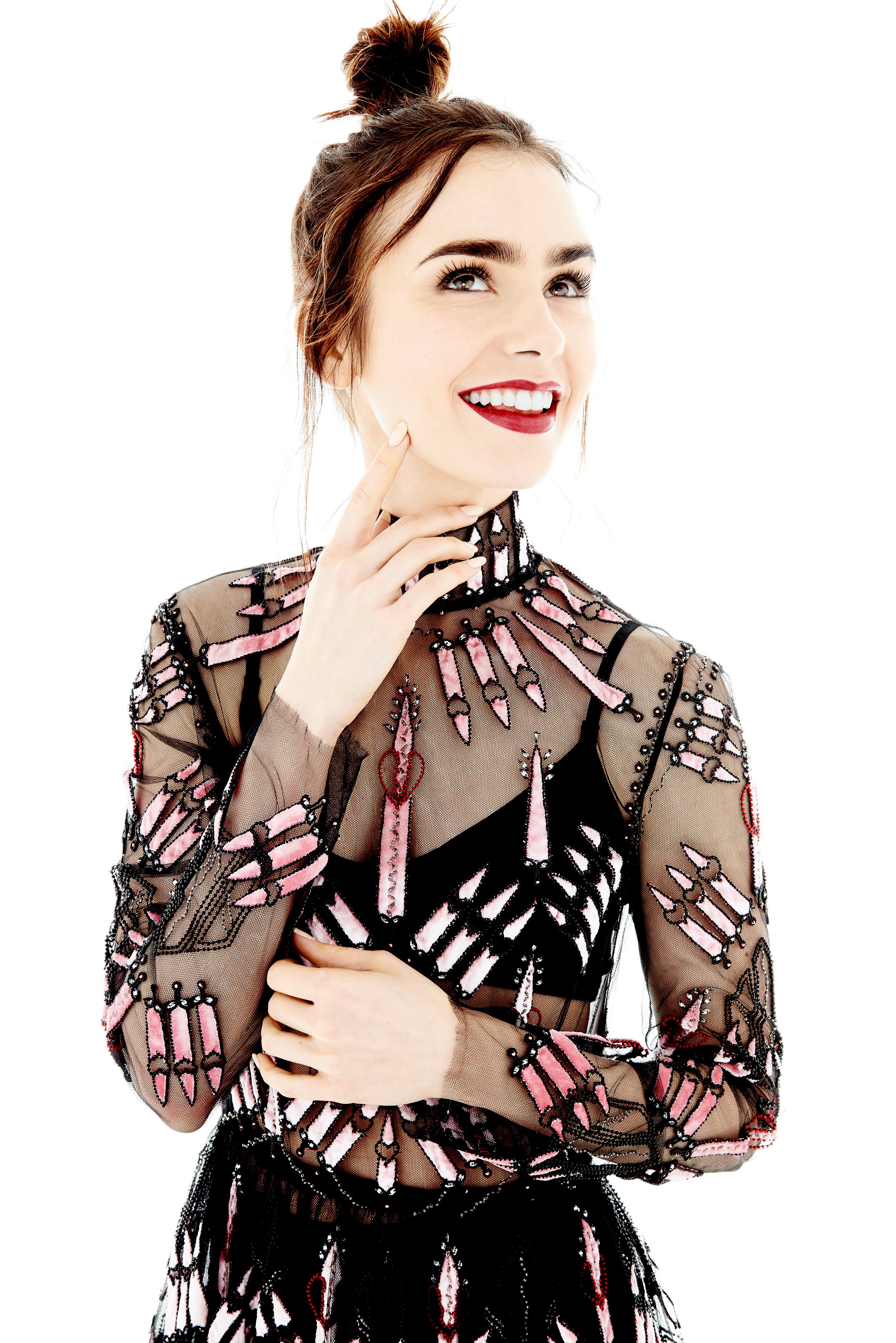 People 2550x3821 Lily Collins women model actress white background lipstick smiling see-through dress curtains red lipstick portrait display simple background studio