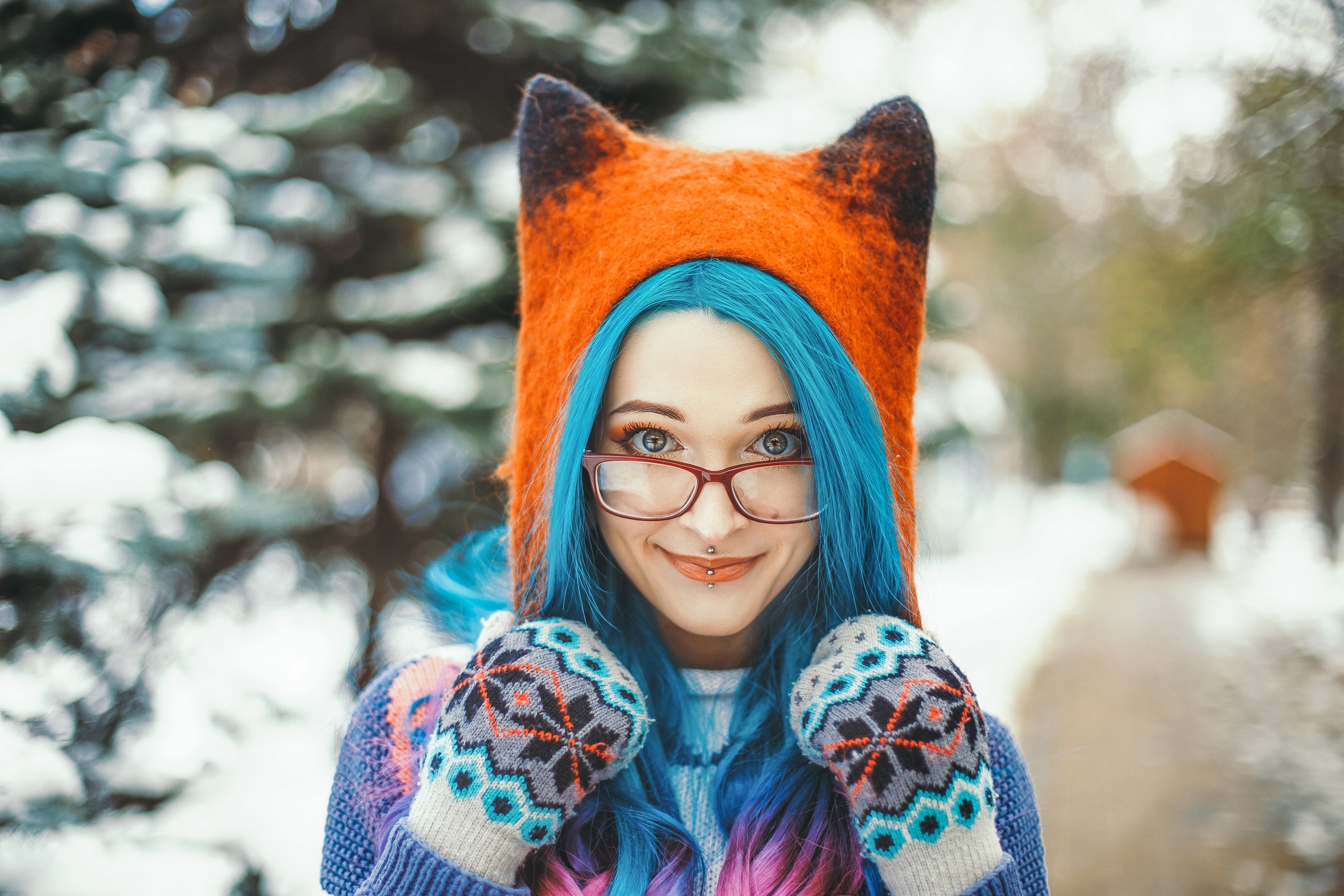 People 2560x1707 women model blue hair dyed hair makeup looking at viewer smiling piercing women with glasses glasses gloves sweater winter depth of field portrait outdoors women outdoors frontal view closeup