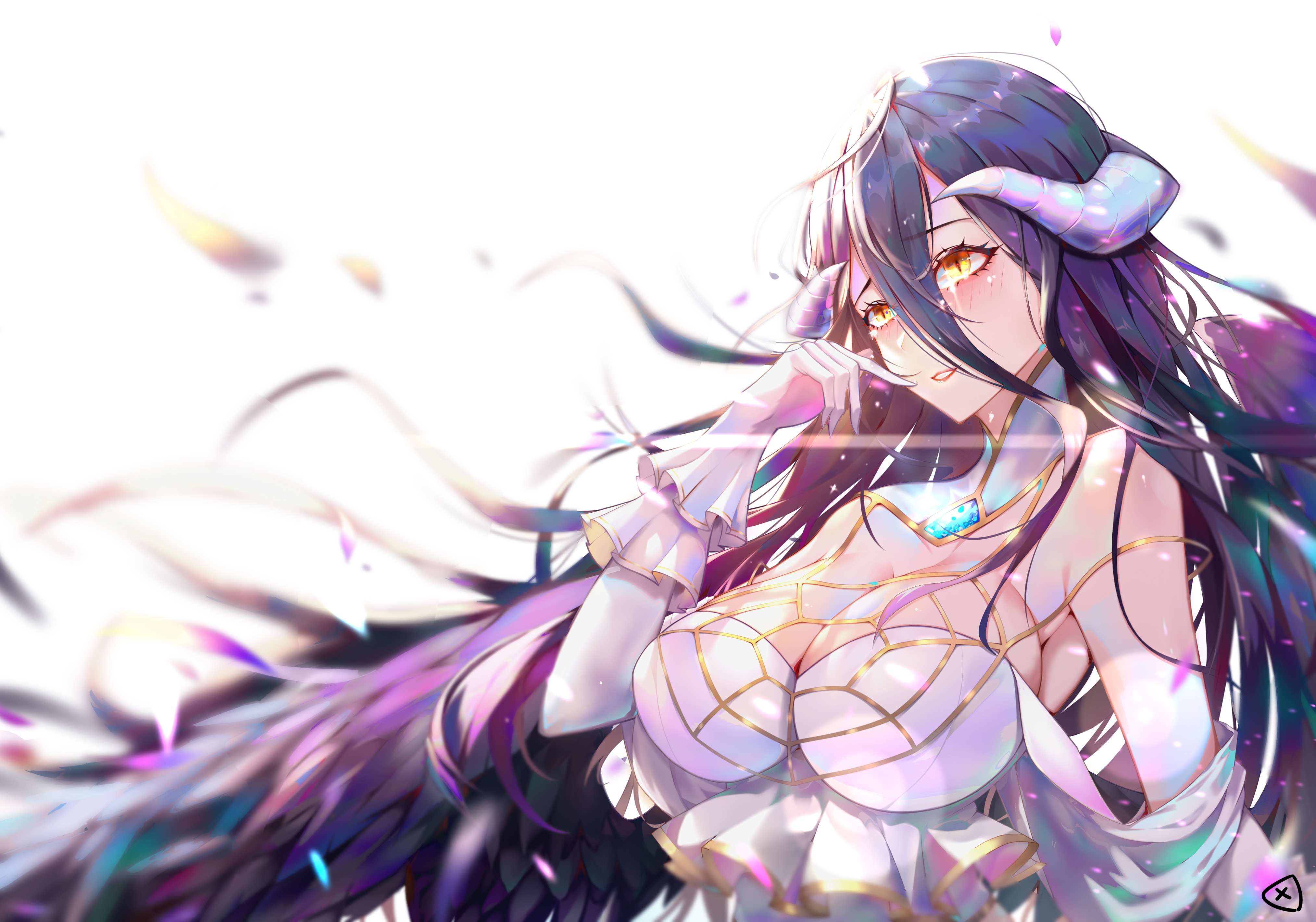 Anime 4053x2840 Albedo (OverLord) Overlord (anime) anime girls anime succubus dark hair long hair wings horns yellow eyes looking at viewer blushing gloves cleavage dress bokeh white background crying tears portrait artwork fan art drawing 2D illustration digital art Xianyujun Sam