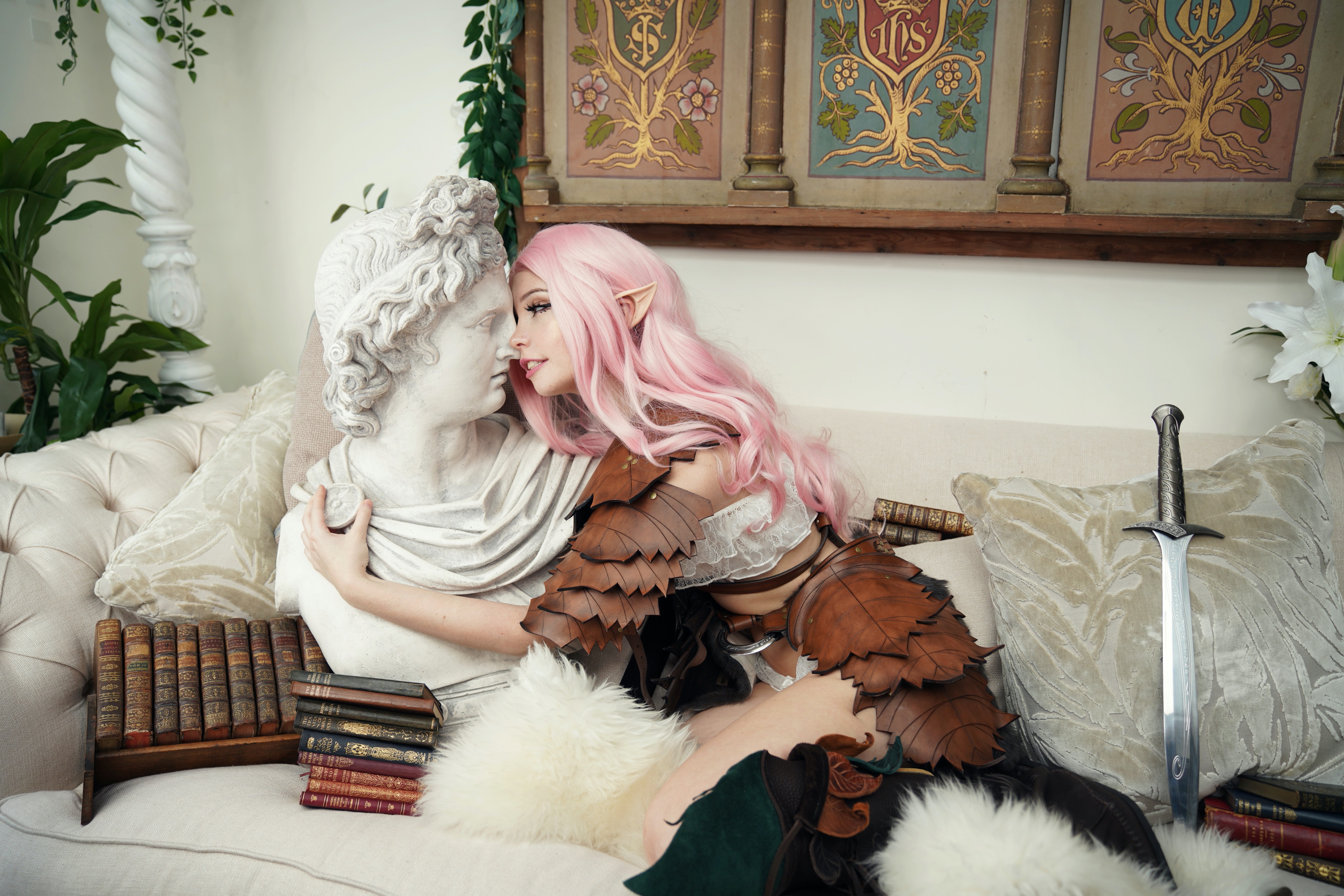 People 4000x2668 Belle Delphine women model cosplay pink hair long hair pointy ears bust underwear bra panties armor boots sword books couch indoors women indoors E-girl