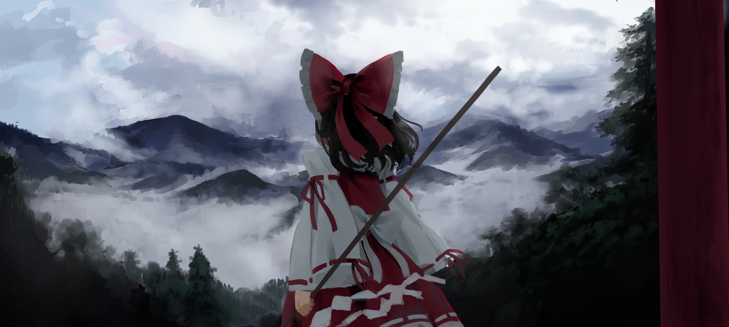 Anime 2406x1080 Hakurei Reimu Touhou anime girls mountains red bow miko overcast forest looking into the distance looking away anime artwork digital art 2D
