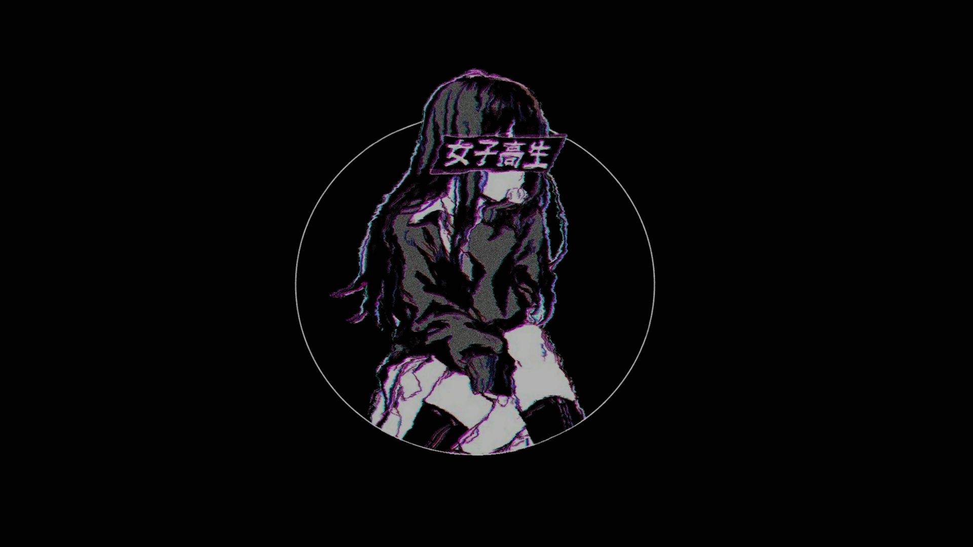 Anime 1920x1080 black background chromatic aberration kanji anime circle anime girls picture-in-picture long hair